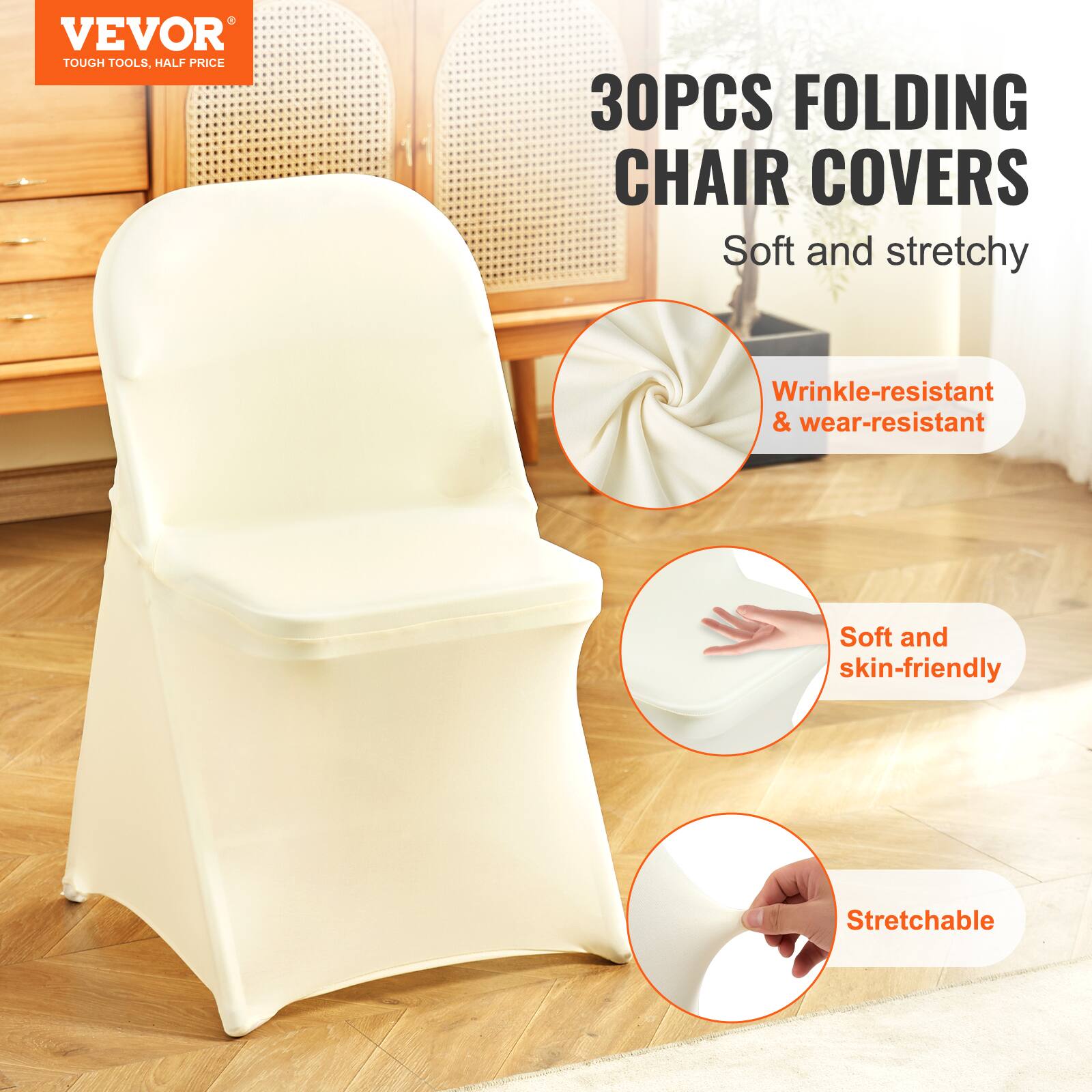 VEVOR TOUGH TOOLS, HALF PRICE 30PCS FOLDING CHAIR COVERS Soft and stretchy Wrinkle-resistant & wear-resistant Soft and skin-friendly Stretchable