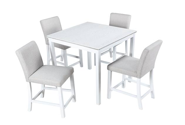 Front. Boyel Living - 5-Piece Counter Height Square Dining Set with Crystal Edge Wood Top and 4 Upholstered Chairs - White.