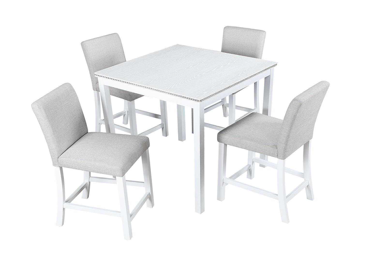 Front. Boyel Living - 5-Piece Counter Height Square Dining Set with Crystal Edge Wood Top and 4 Upholstered Chairs - White.