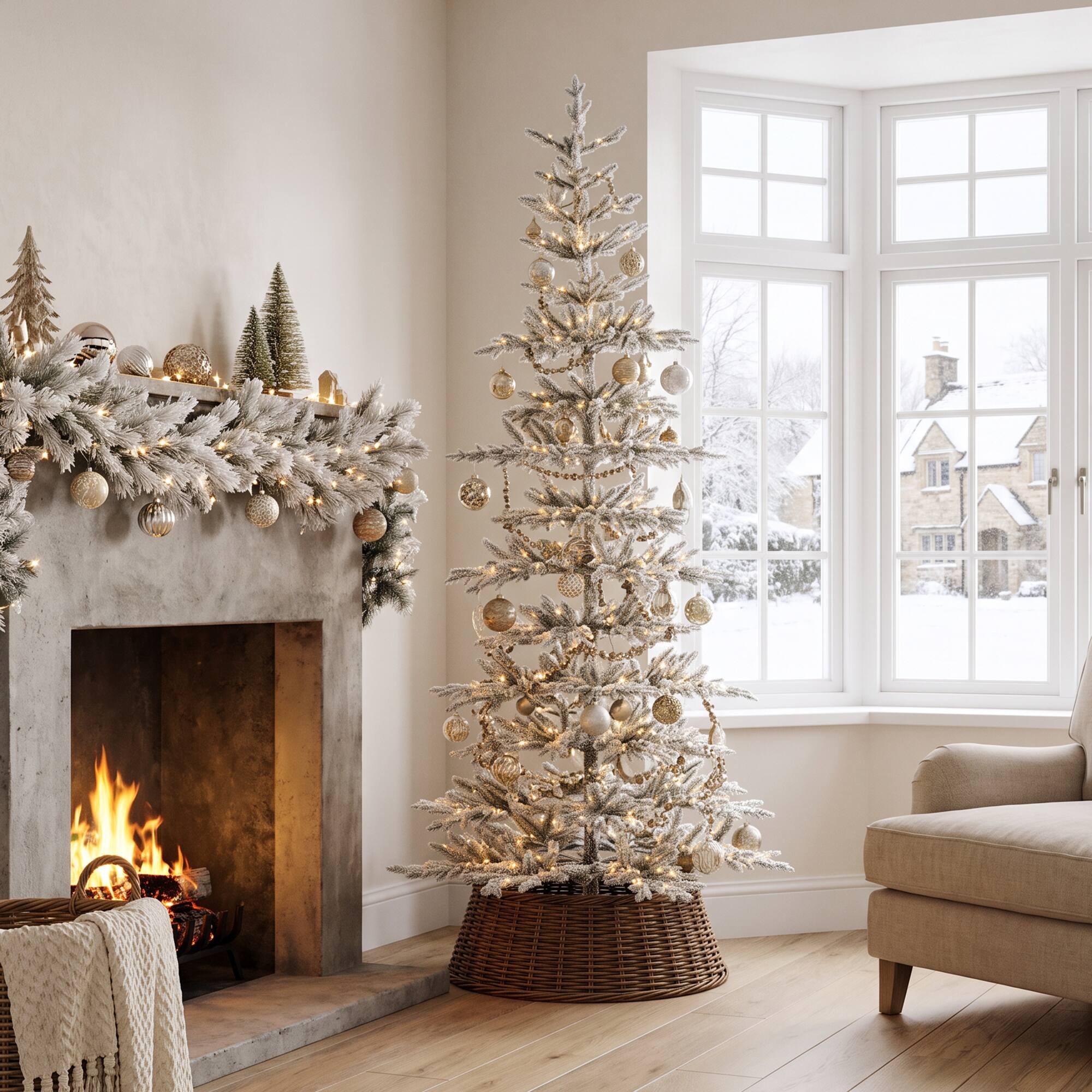 Glitzhome 9ft Deluxe Pre Lit Flocked Slim Fir Artificial Christmas Tree ...