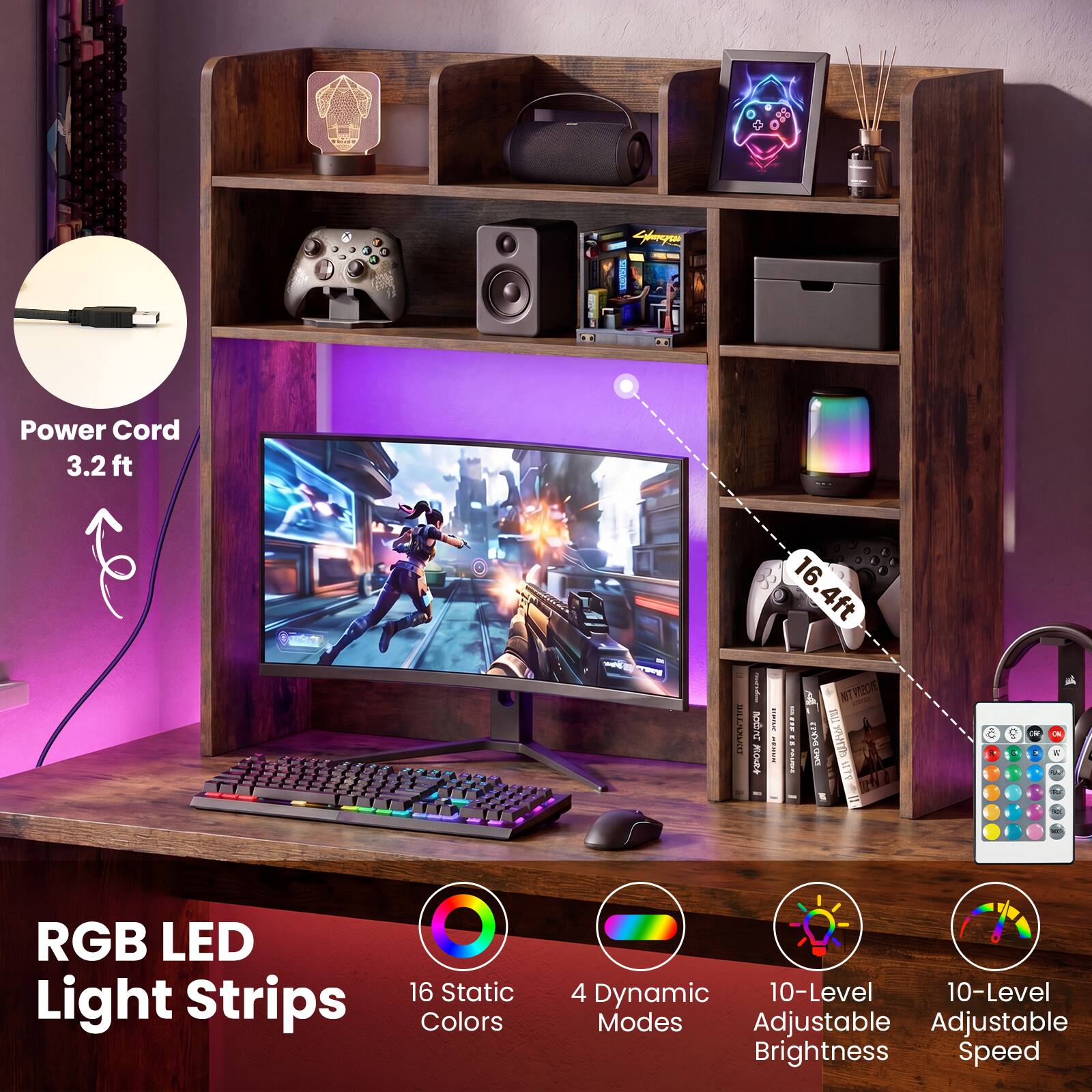 SAKWDA

Power Cord 3.2 ft

RGB LED Light Strips
16 Static Colors
4 Dynamic Modes
10-Level Adjustable Brightness
10-Level Adjustable Speed