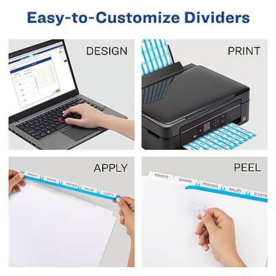 Easy-to-Customize Dividers

DESIGN  
PRINT  
APPLY  
PEEL  

PROFIT  
SHARE  
TRENDS  
SALES  
COSTS