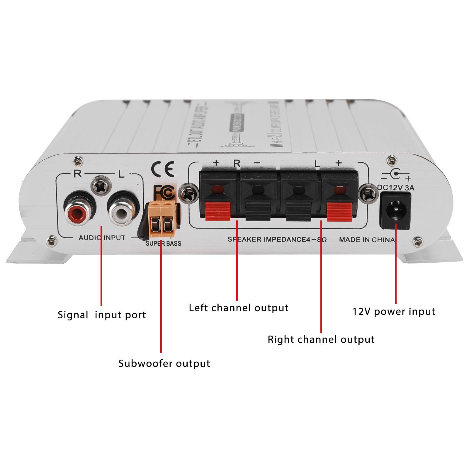 R  
L  
CE FC  
+  
R  
2.1 WNHHS!  
L  
+  
+ DC12V  
AUDIO INPUT  
SUPER BASS  
SPEAKER IMPEDANCE 4~8Ω MADE IN CHINA  
Signal input port  
Left channel output  
12V power input  
Right channel output  
Subwoofer output