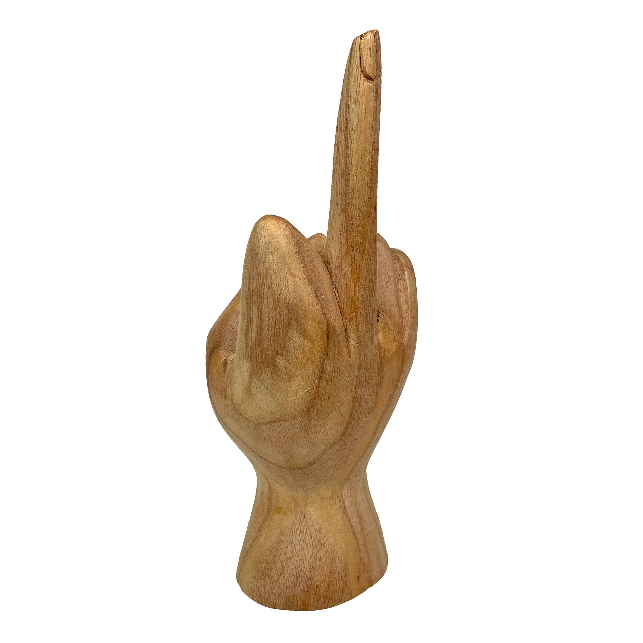 Alt View 1. Zeckos - Carved Wooden Flipping The Bird Hand Gesture Statue Natural Finish Home Decor - Brown.