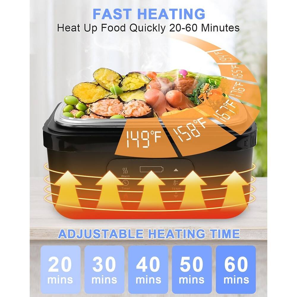 FAST HEATING  
Heat Up Food Quickly 20-60 Minutes  

ADJUSTABLE HEATING TIME  
20 mins  
30 mins  
40 mins  
50 mins  
60 mins  

149°F  
158°F  
165°F  
167°F  
149°F  
158°F