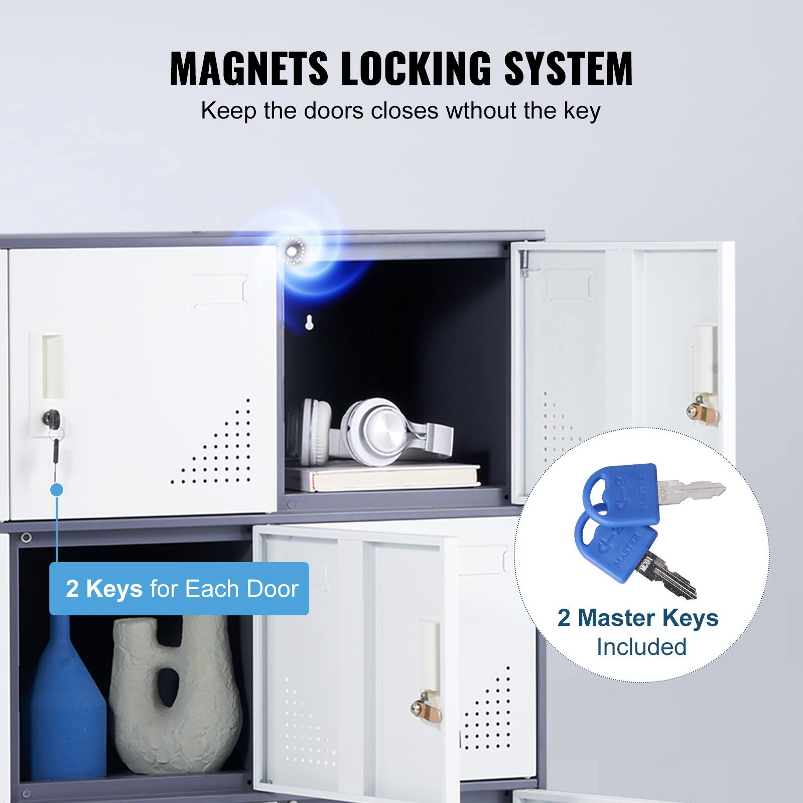 MAGNETS LOCKING SYSTEM, Keep the doors closes wthout the key, 2 Keys for Each Door, 2 Master Keys Included