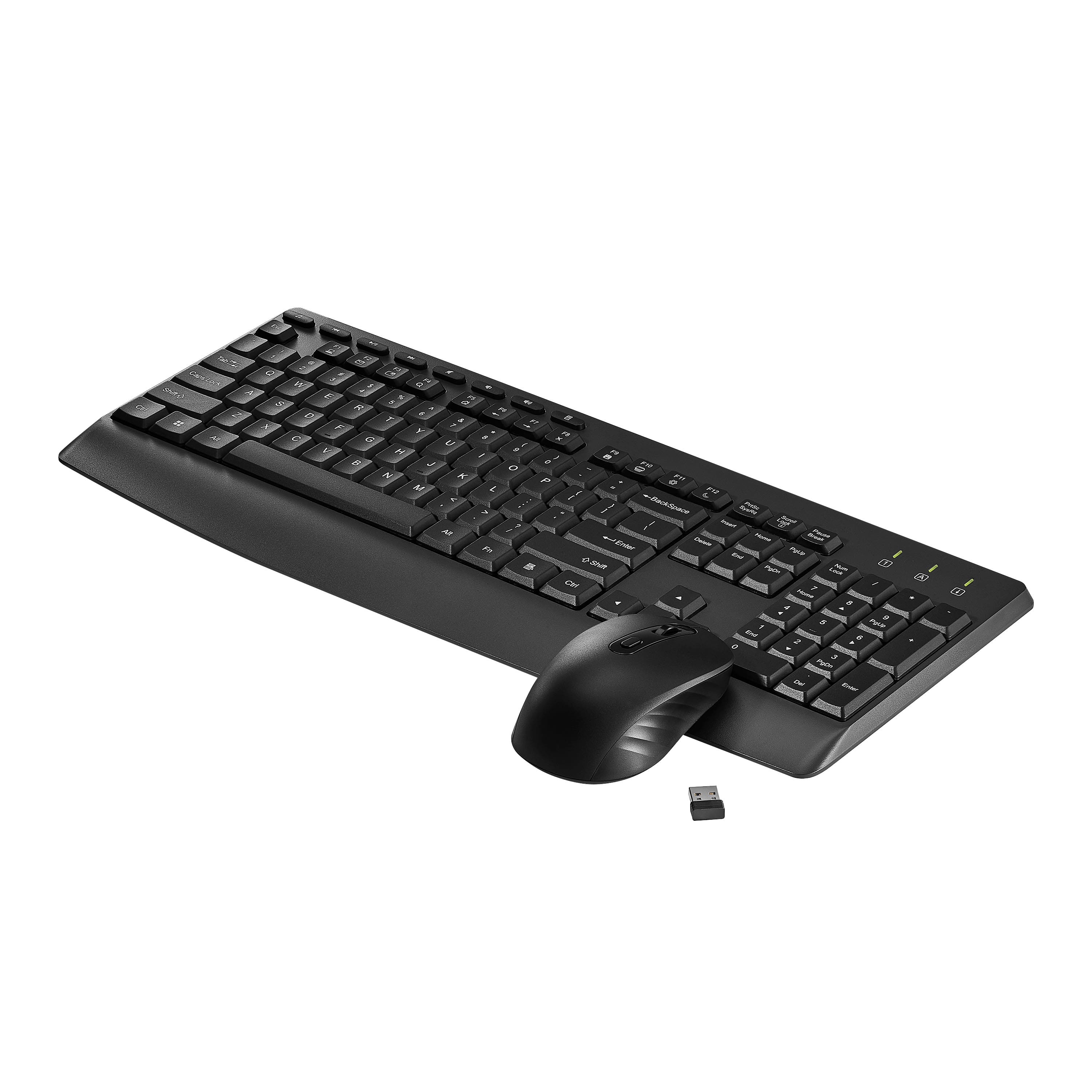 The image features a black keyboard and mouse on a white background. The keyboard has a compact design with a small size, making it suitable for use in tight spaces or on the go. The mouse is positioned next to the keyboard, ready for use. The overall scene is simple and minimalistic, with the focus on the keyboard and mouse.