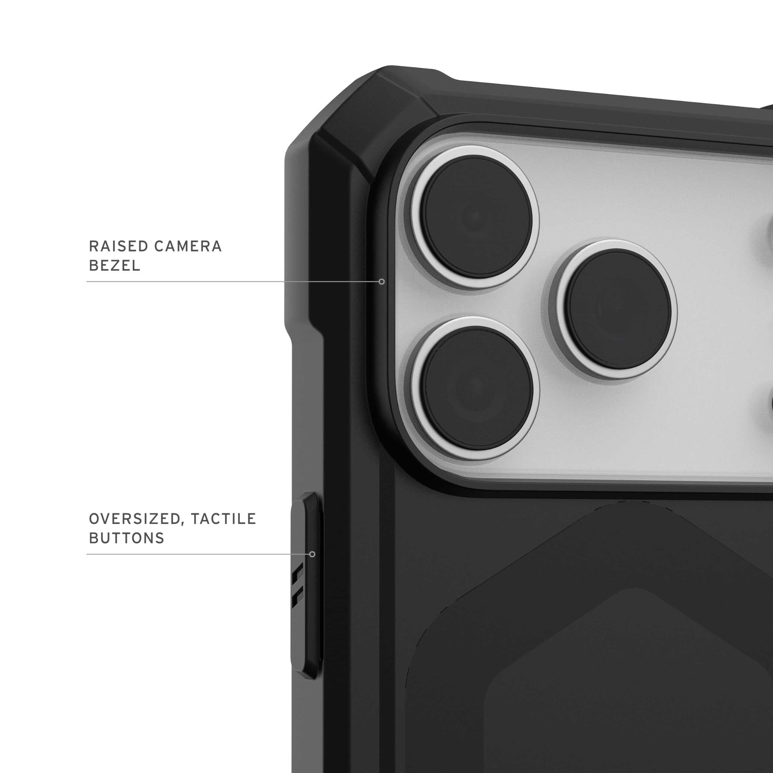 RAISED CAMERA BEZEL  
OVERSIZED, TACTILE BUTTONS