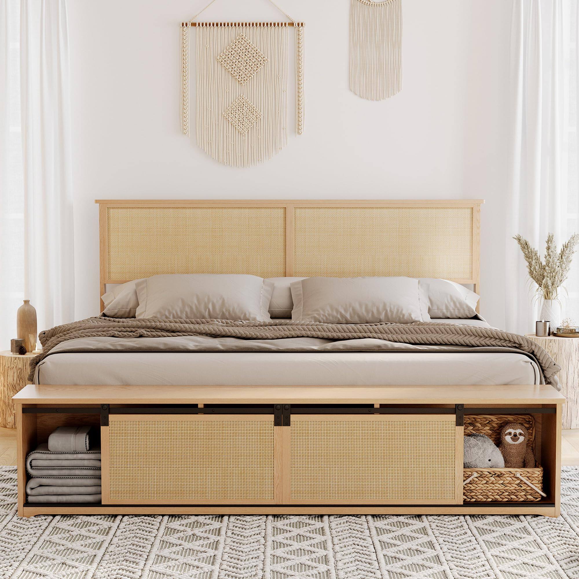 Front. Acekool - King Rattan Bed Frame with Sliding Barn Door Storage & LED Light Headboard, Boho Farmhouse Style - Oak.