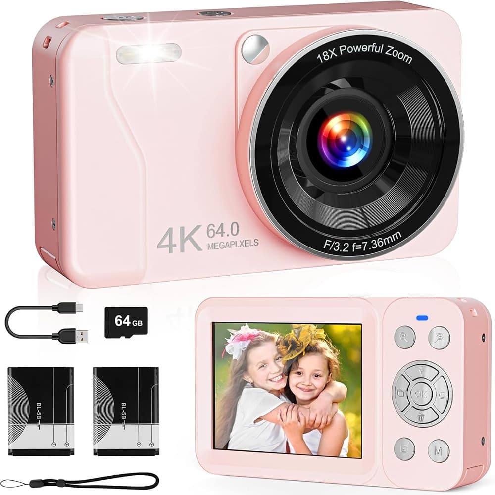 ACJPR - 4K Digital Camera, 64MP, 18X Zoom, 64GB Card, Rechargeable, Pink
