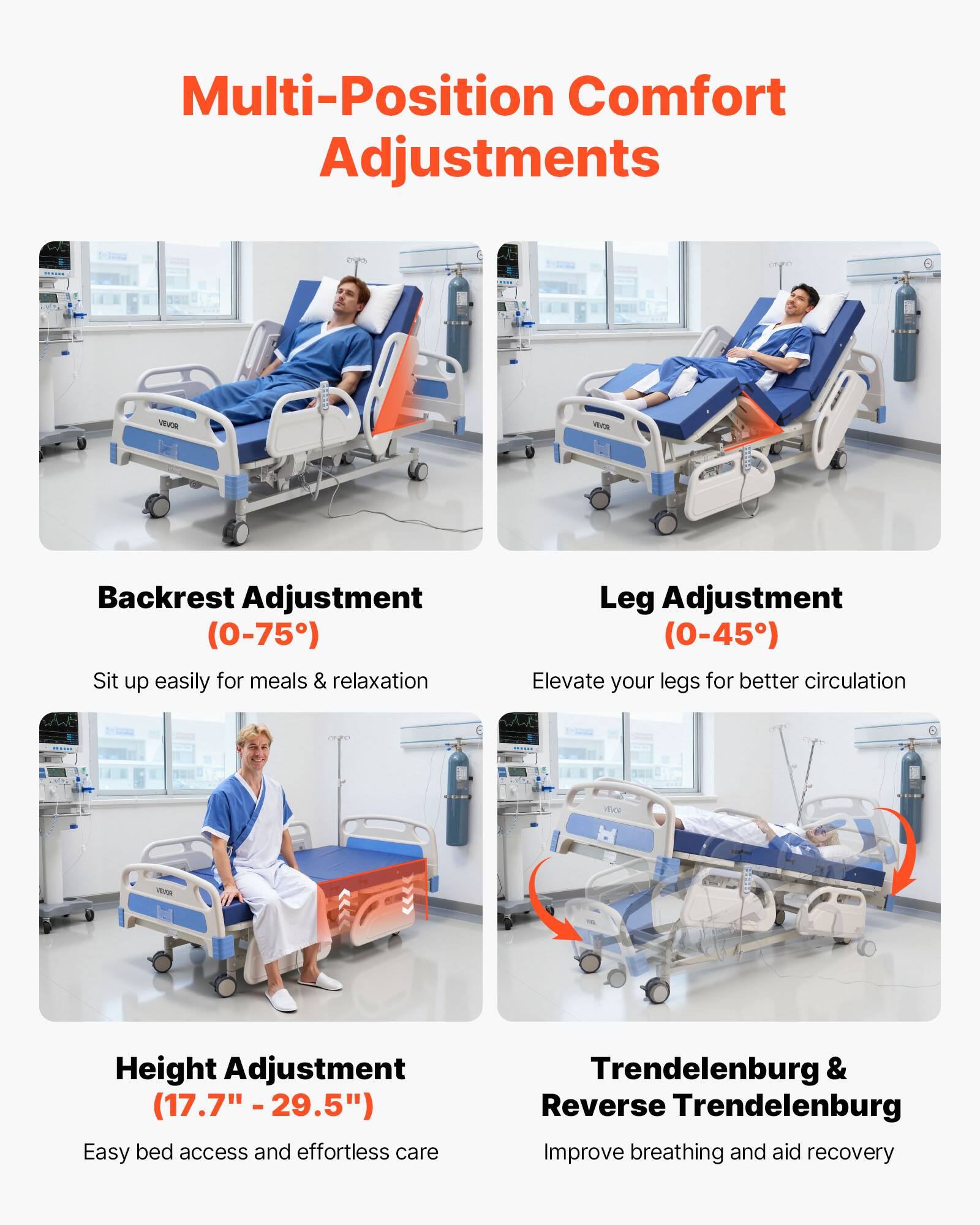 Multi-Position Comfort Adjustments

- Backrest Adjustment (0-75°)
  - Sit up easily for meals & relaxation

- Leg Adjustment (0-45°)
  - Elevate your legs for better circulation

- Height Adjustment (17.7" - 29.5")
  - Easy bed access and effortless care

- Trendelenburg & Reverse Trendelenburg
  - Improve breathing and aid recovery