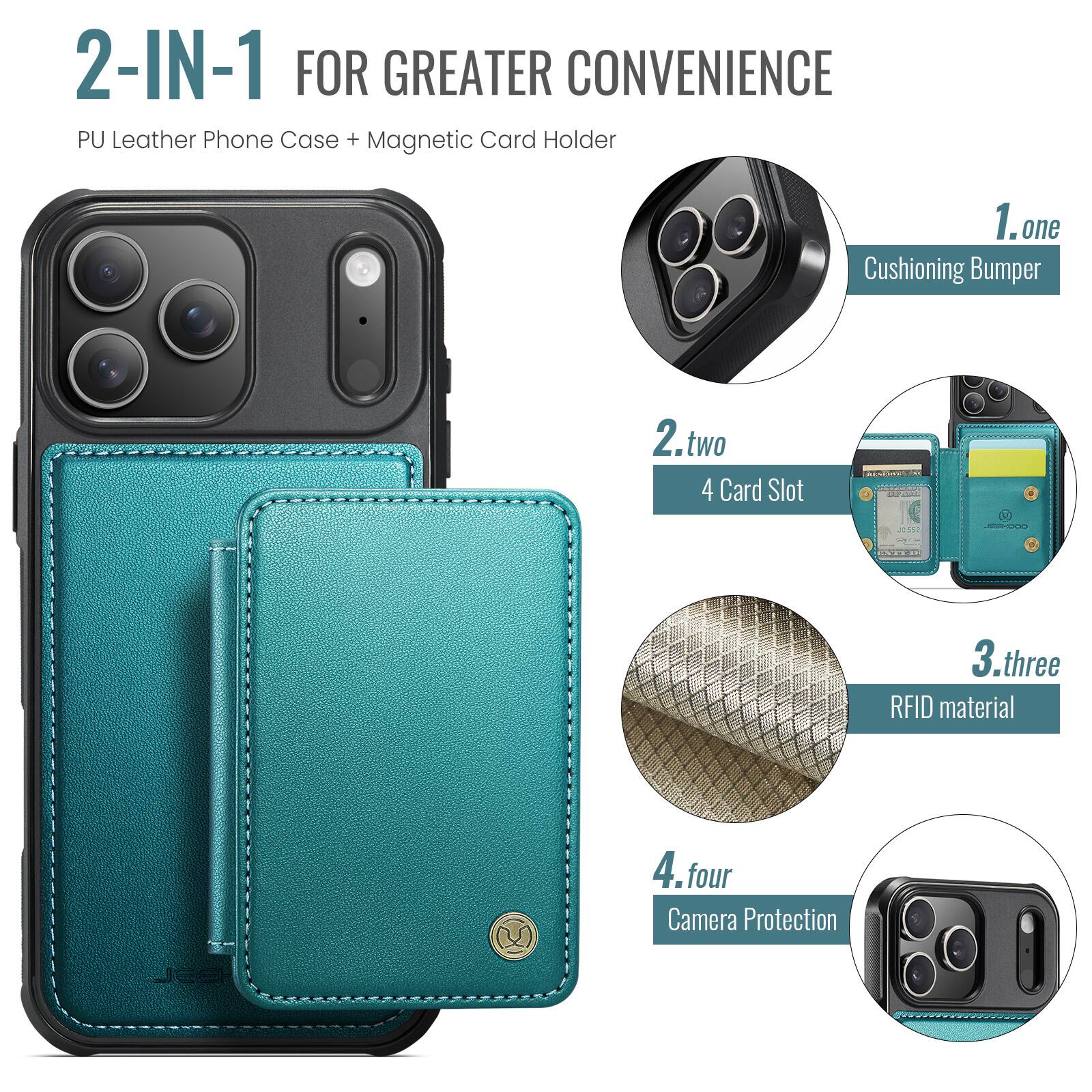 2-IN-1 FOR GREATER CONVENIENCE  
PU Leather Phone Case + Magnetic Card Holder  

1. one  
Cushioning Bumper  

2. two  
4 Card Slot  

3. three  
RFID material  

4. four  
Camera Protection