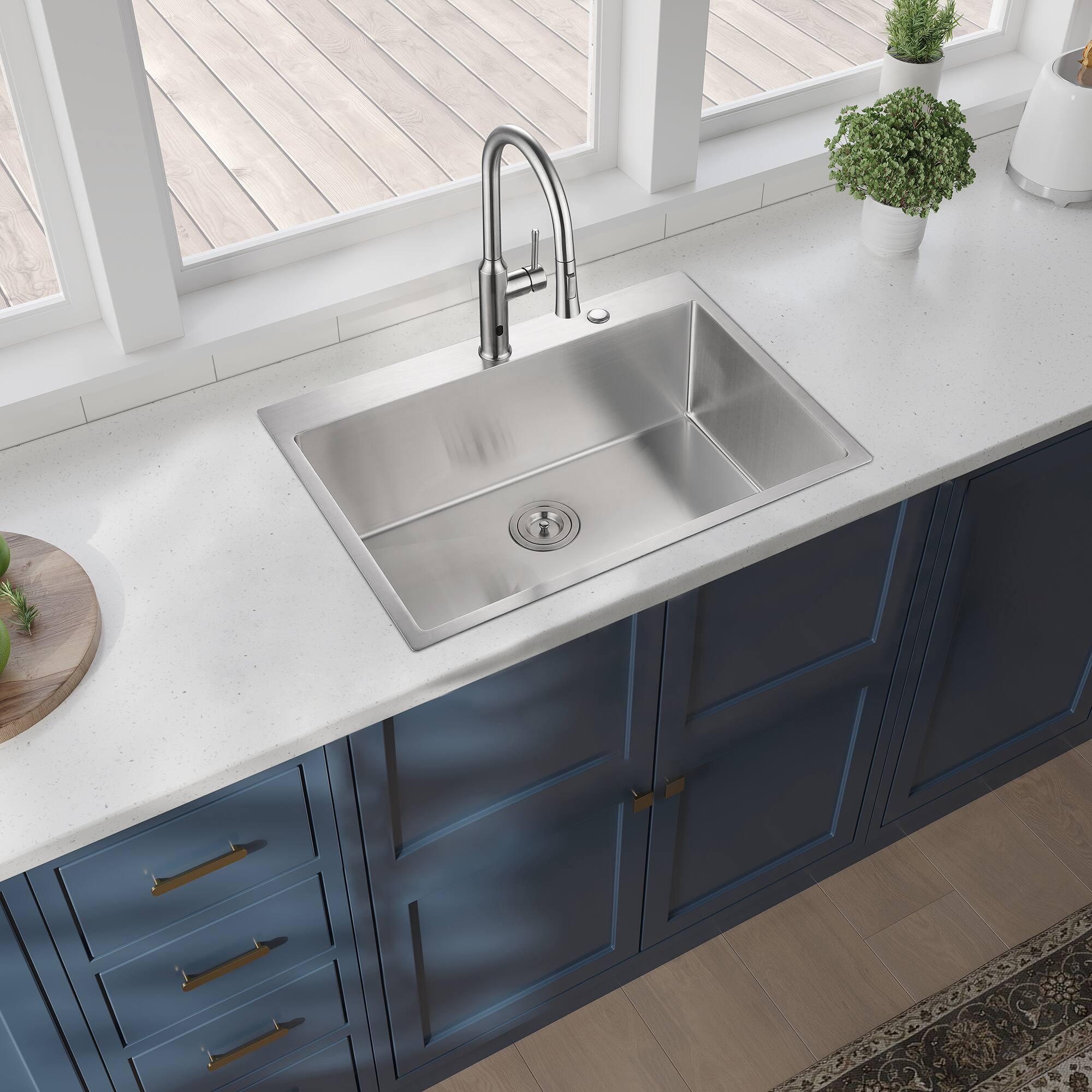 Back. Siljoy - 33x22x10"Drop-in Single Bowl Stainless Steel Kitchen Sink - Brushed Nickel.