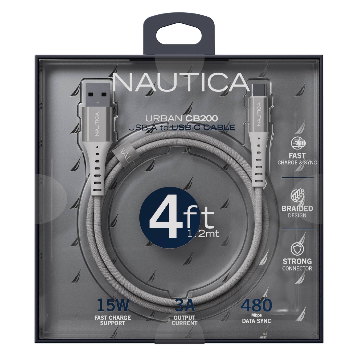 NAUTICA URBAN CB200 USB-A to USB-C CABLE

- 4 ft (1.2m) BRAIDED DESIGN
- FAST CHARGE & SYNC
- STRONG CONNECTOR
- 15W FAST CHARGE SUPPORT
- 3A OUTPUT CURRENT
- 480 Mbps DATA SYNC