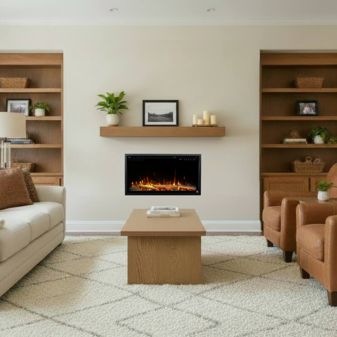 Angle. Touchstone Home Products - 36 in. Wall Mounted Recessed Sideline Elite Pro Smart Electric Fireplace 1500W - Black.