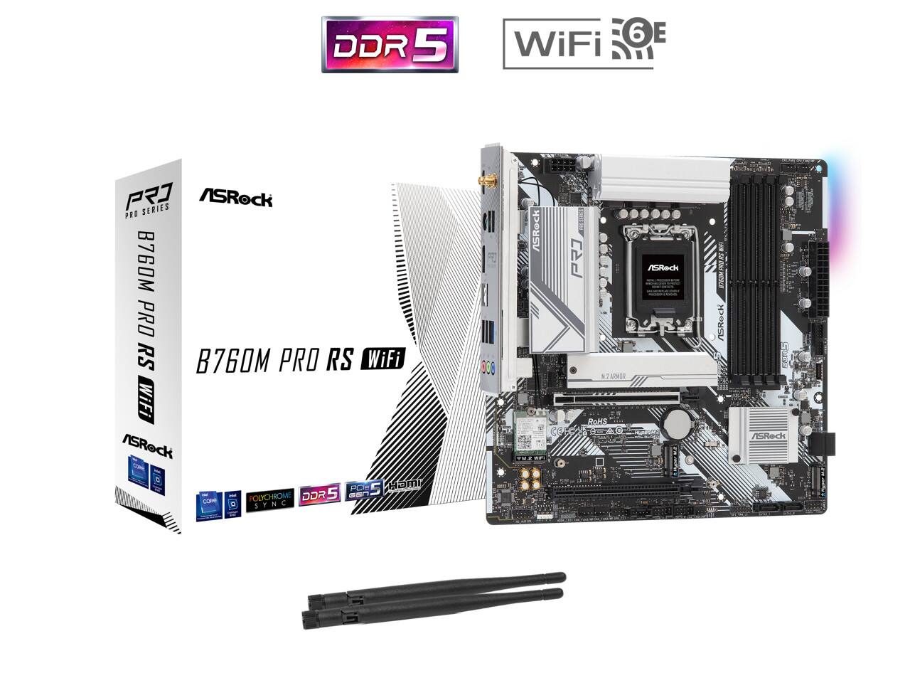 DDR 5 6E WiFi P SERIES ASRock PRO B760M PRO RS B760 PRO RS WiFi WiFi ASRock PCU PCle 5 Ham - POLYCHROME DOR 5 a8r COme SYNC N C 5 1 III 908 ASRock 1 111 P/SRecs I 2 ASRock N7 LPWOR RoHS CO CXO R FAS SRock E
