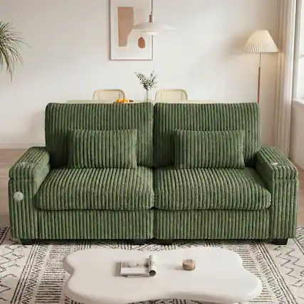 Front. Dyonery - Dyonery 91-inch modern-style two-seater sofa with charging cup holder and armrest storage, in wide corduroy green - Green.