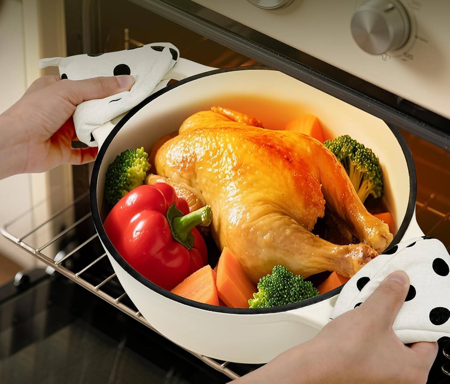 Alt View 1. FINEAK - 5QT Enameled Cast Iron Dutch Oven with Potholders for Versatile Cooking-Cream White - Cream White.