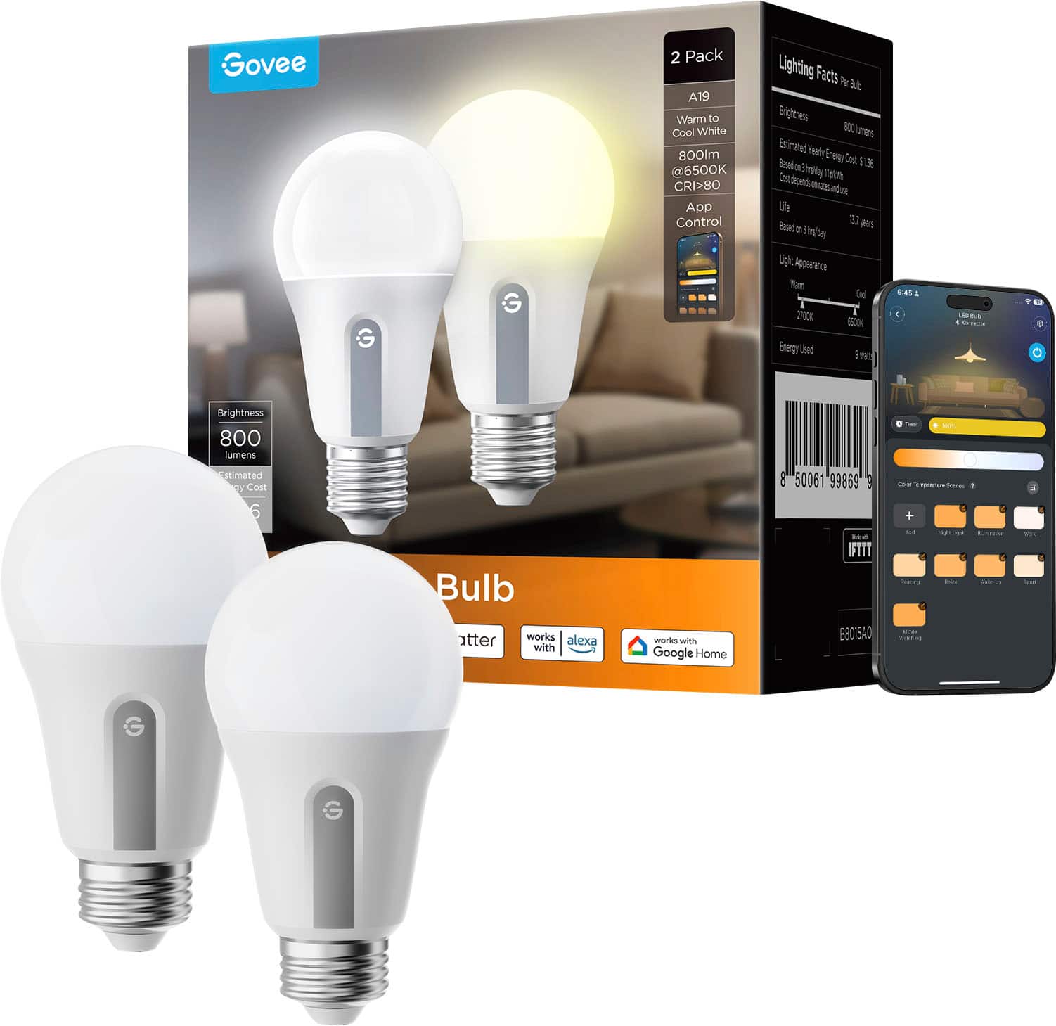 Govee - 800lm White Light A19 Smart Bulb 2pk - Multi - Front_Zoom