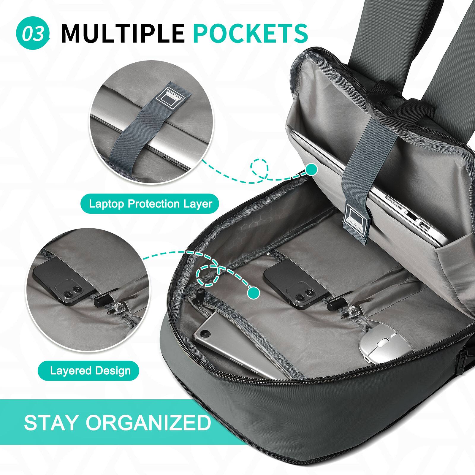03 MULTIPLE POCKETS

- Laptop Protection Layer
- Layered Design

STAY ORGANIZED