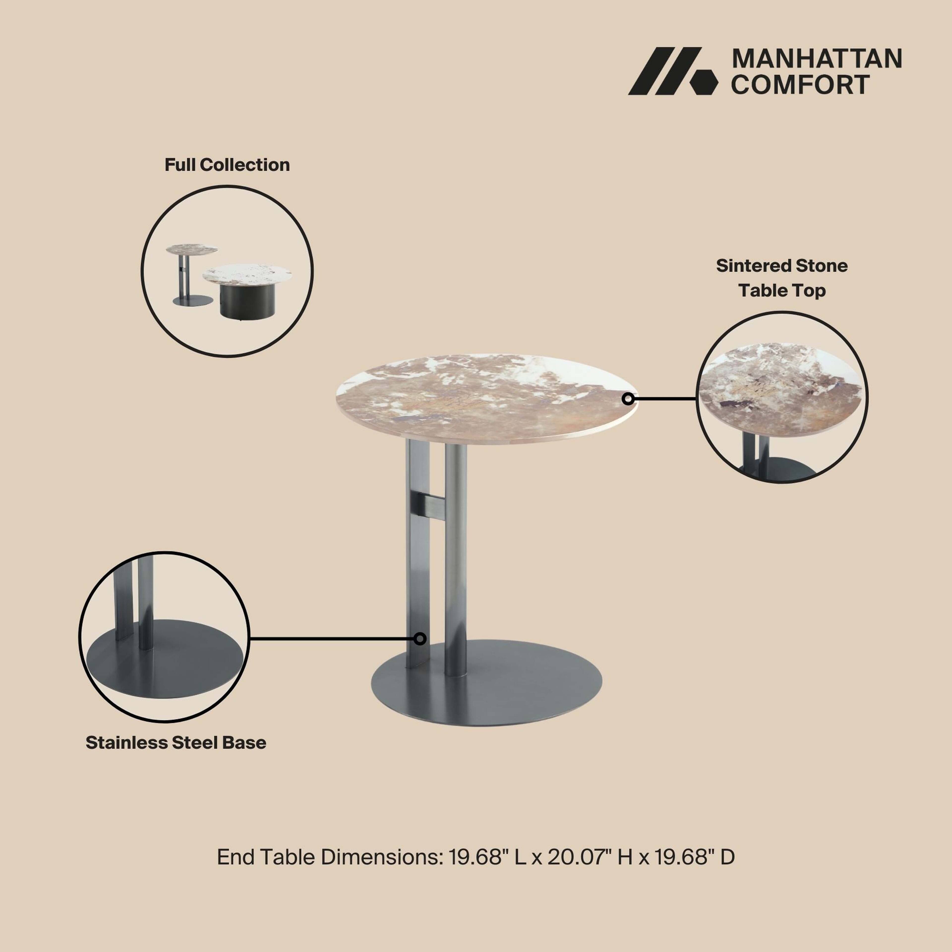 MANHATTAN COMFORT  
Full Collection  
Sintered Stone Table Top  
Stainless Steel Base  
End Table Dimensions: 19.68" L x 20.07" H x 19.68" D