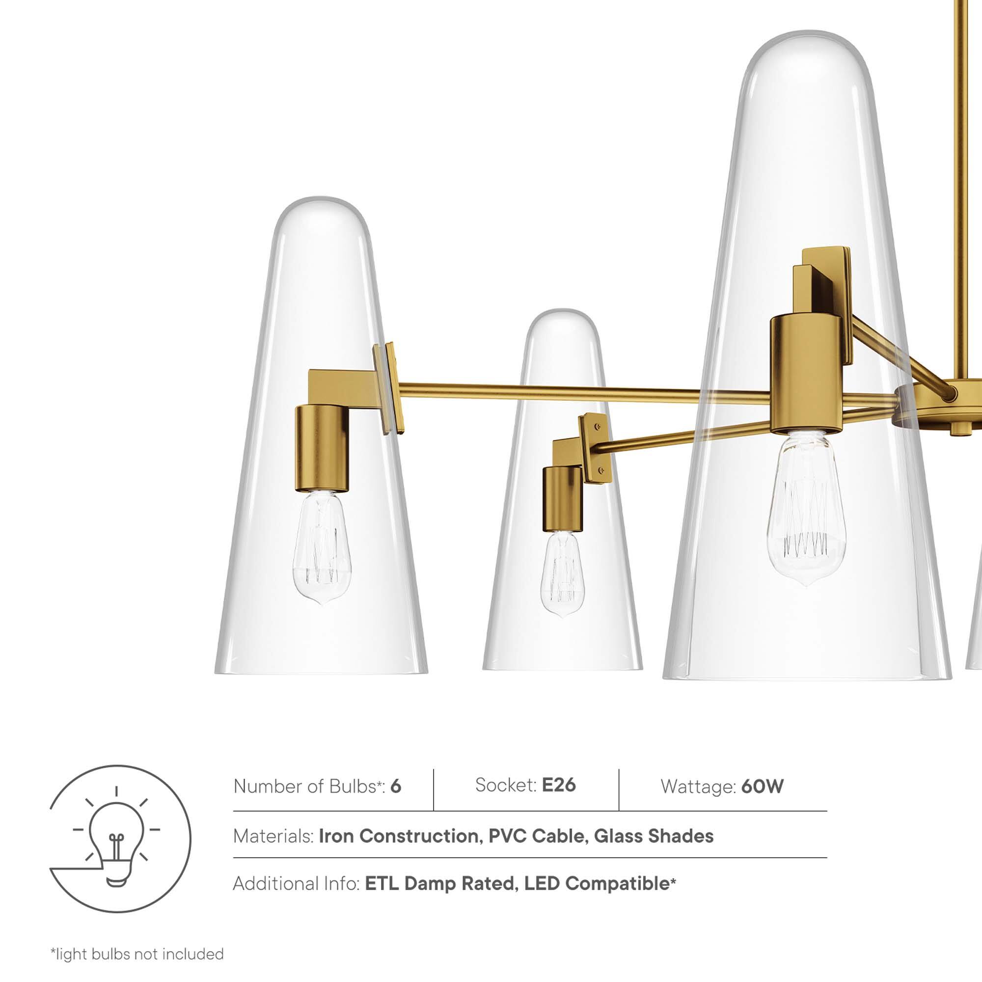 Number of Bulbs*: 6  
Socket: E26  
Wattage: 60W  
Materials: Iron Construction, PVC Cable, Glass Shades  
Additional Info: ETL Damp Rated, LED Compatible*  

*light bulbs not included