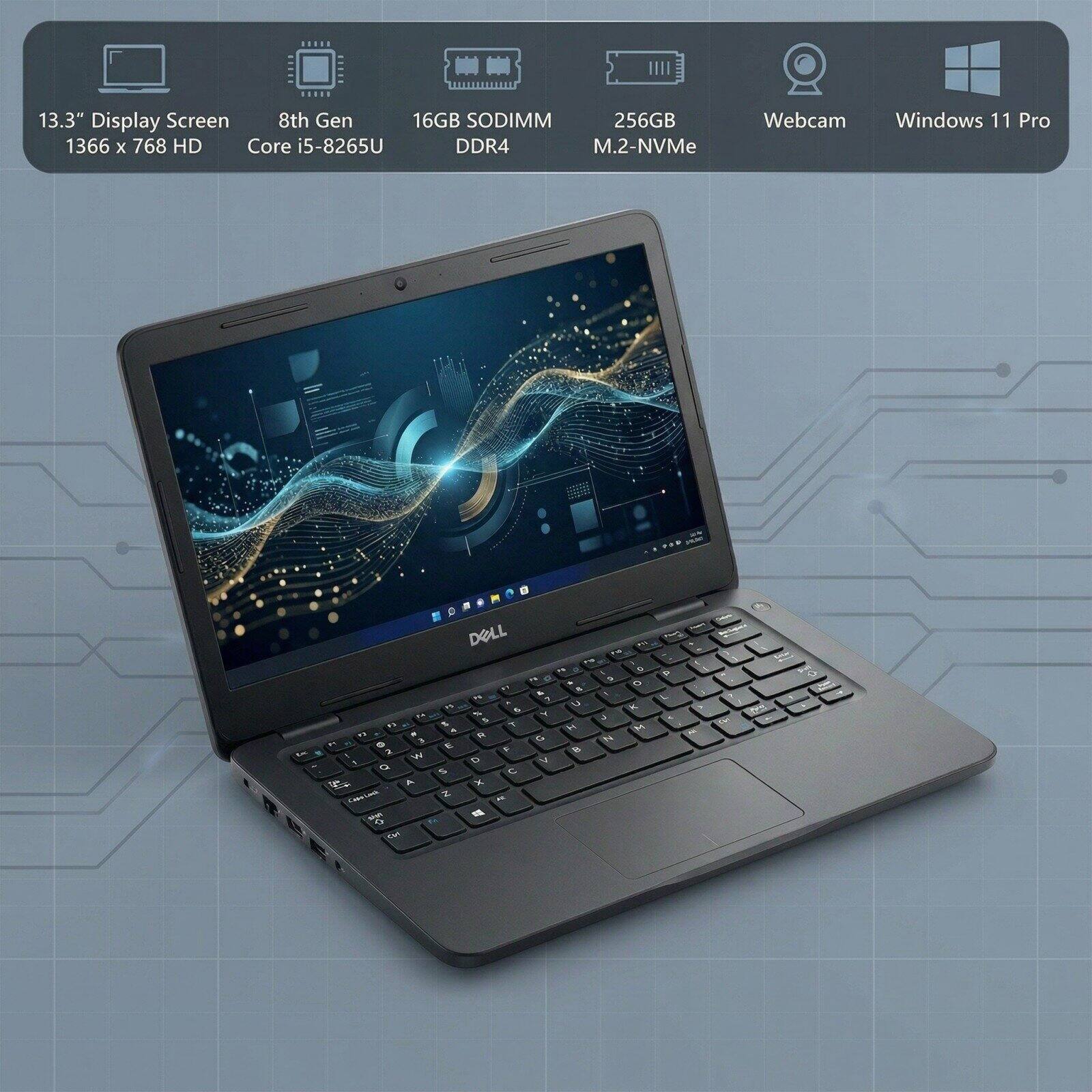13.3" Display Screen  
8th Gen  
16GB SODIMM  
256GB M.2-NVMe  
1366 x 768 HD  
Core i5-8265U DDR4  
Webcam  
Windows 11 Pro  

DELL