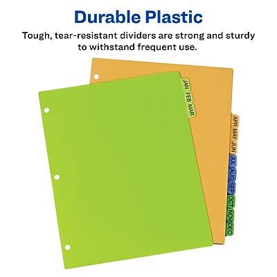 Durable Plastic  
Tough, tear-resistant dividers are strong and sturdy to withstand frequent use.  

JAN FEB MAR  
APR MAY JUN  
JUL AUG SEP  
OCT NOV DEC