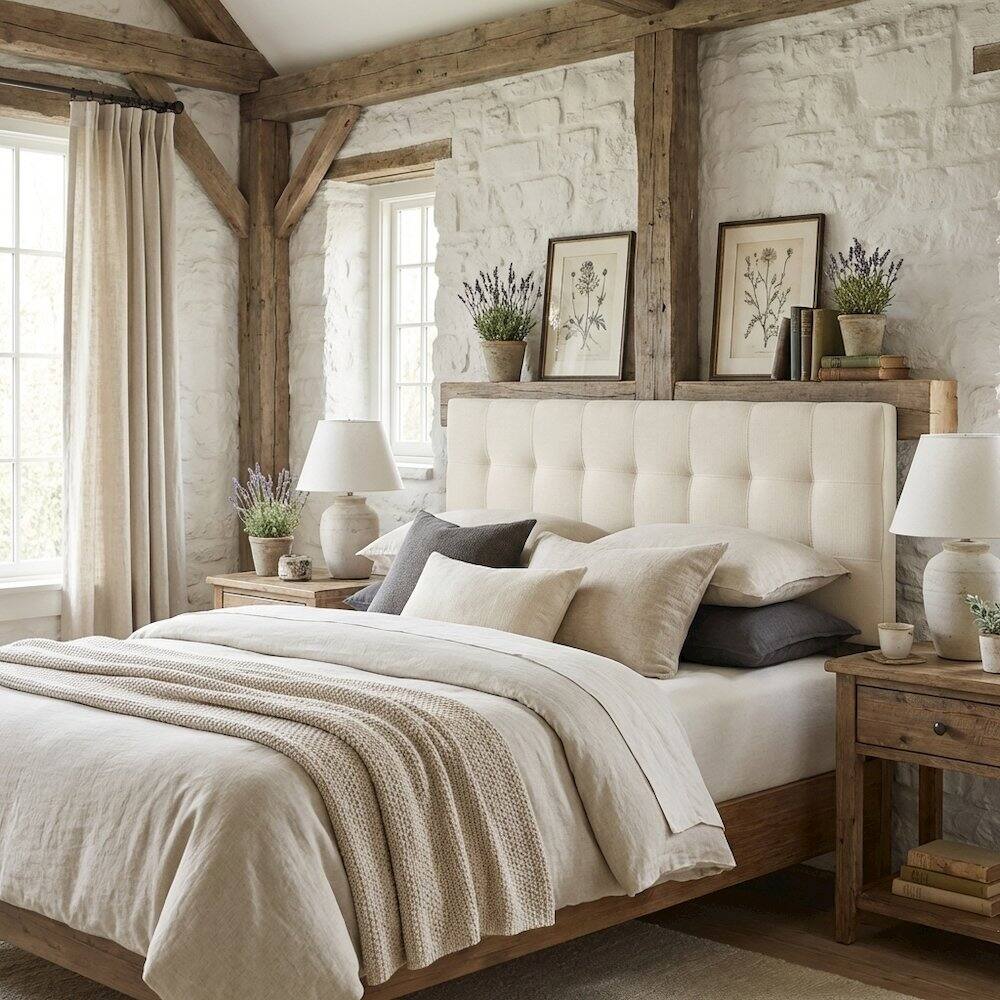 Angle. FurniFact - Upholstered Fabric King Headboard with Soft Padding and Classic Design - Beige.
