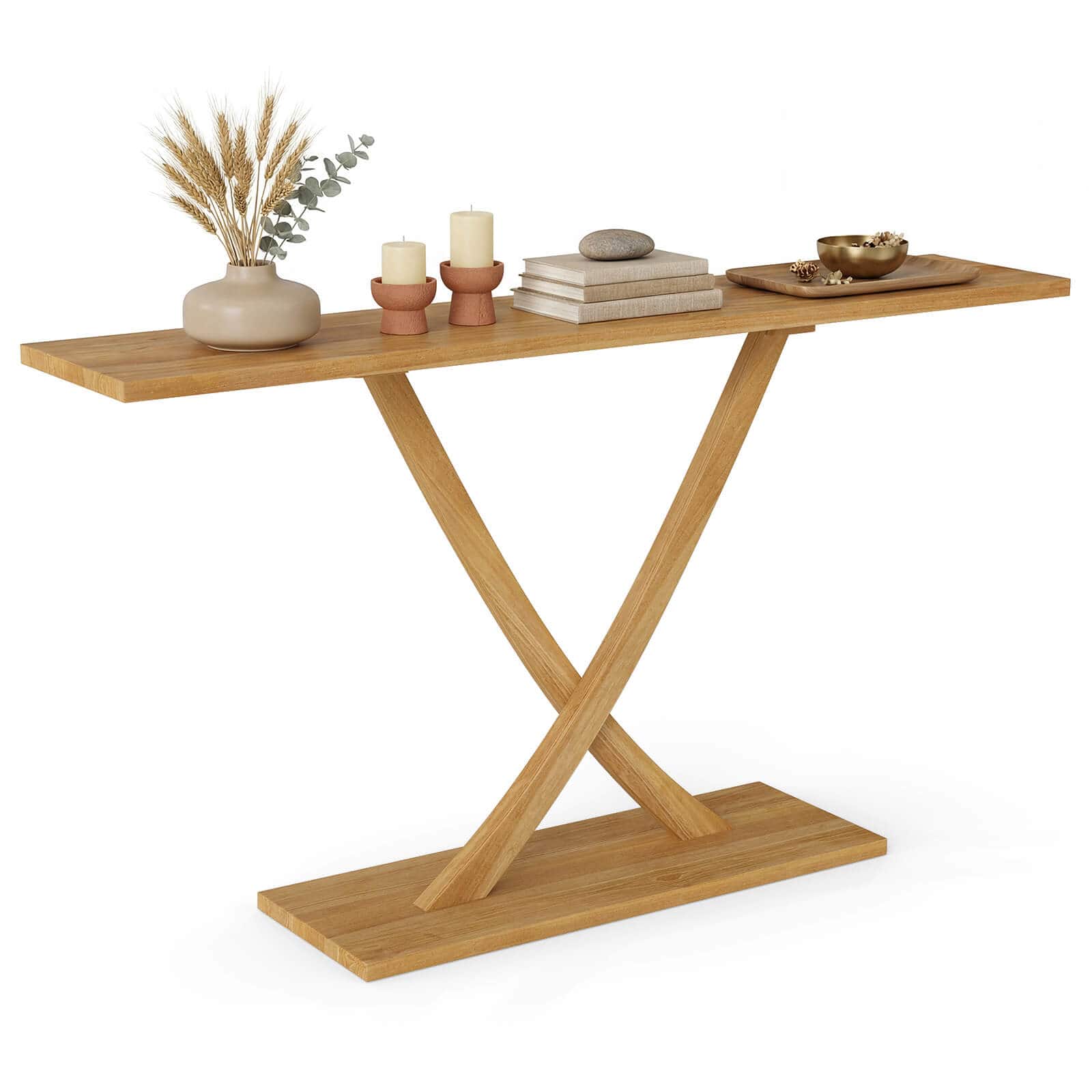 Costway - 57" Solid Wood Console Table, Narrow Farmhouse Sofa Table with Teak Wood Frame - Natural