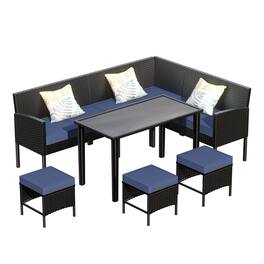 Mondawe - 7-Piece Outdoor Conversation Set With Waterproof Seat Cushion, Glass Table - Blue