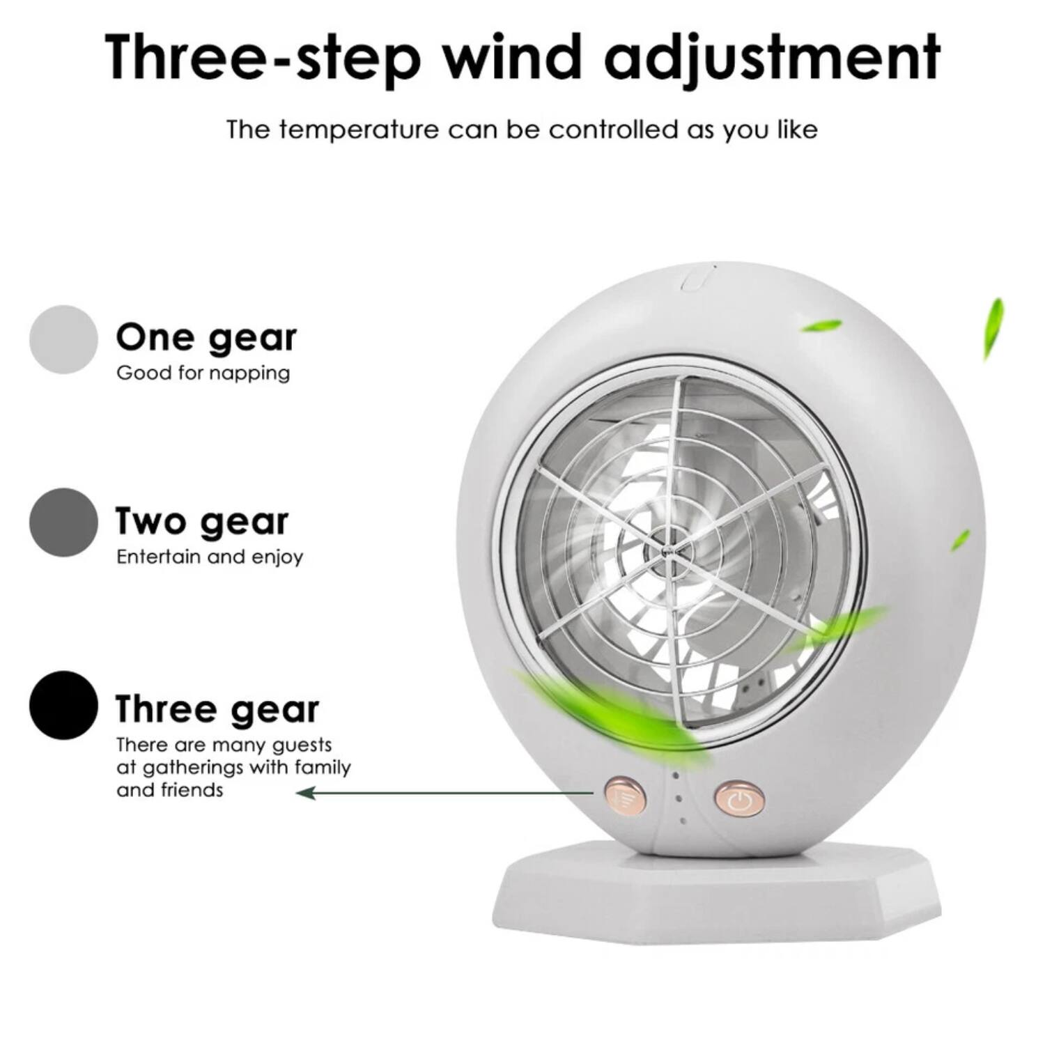 Three-step wind adjustment  
The temperature can be controlled as you like

One gear  
Good for napping

Two gear  
Entertain and enjoy

Three gear  
There are many guests at gatherings with family and friends