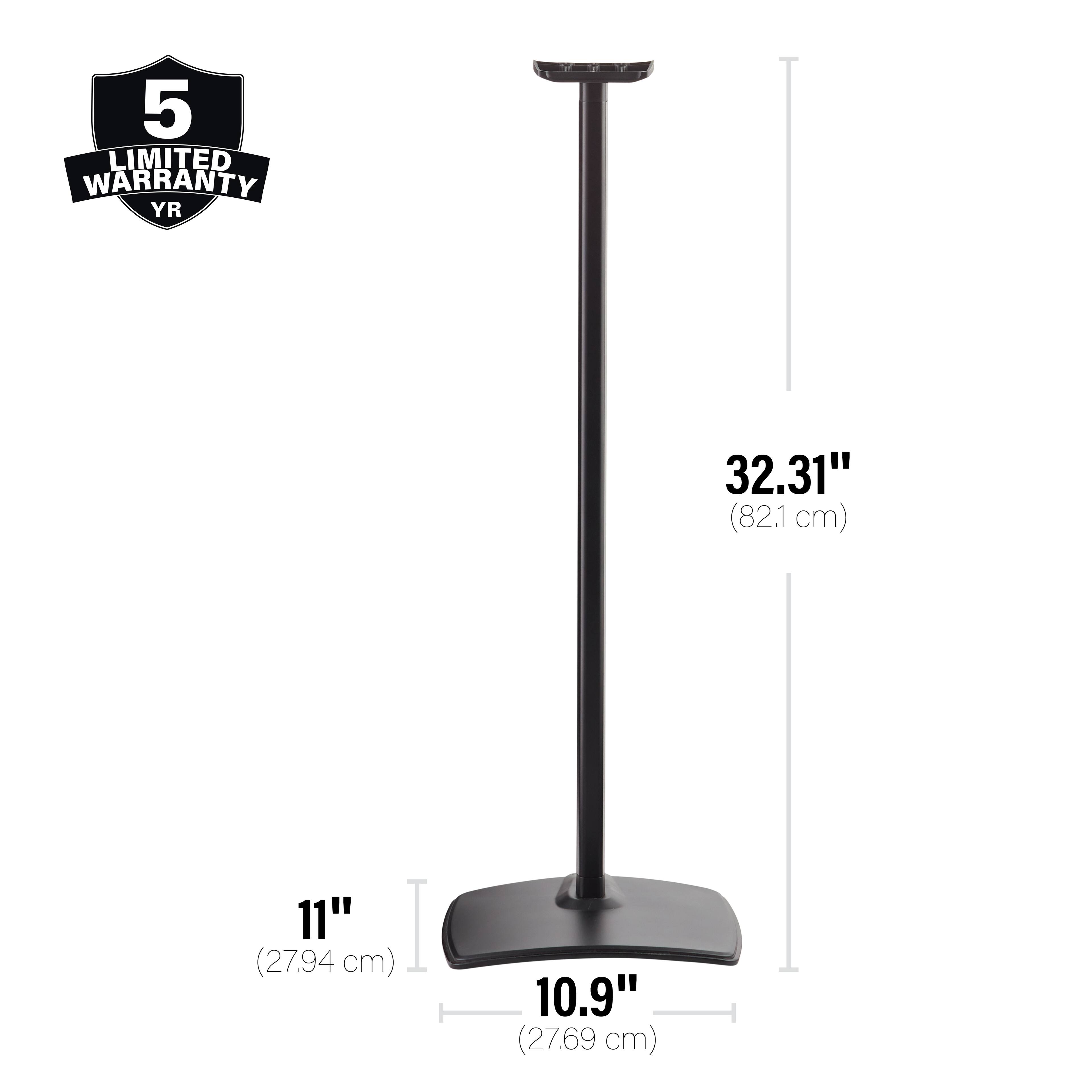 The image features a black metal pole with a black base. The pole is 32.31 inches (82.1 cm) tall, and the base is 10.9 inches (27.69 cm) in diameter. The pole is designed to be sturdy and durable, with a limited 5-year warranty.