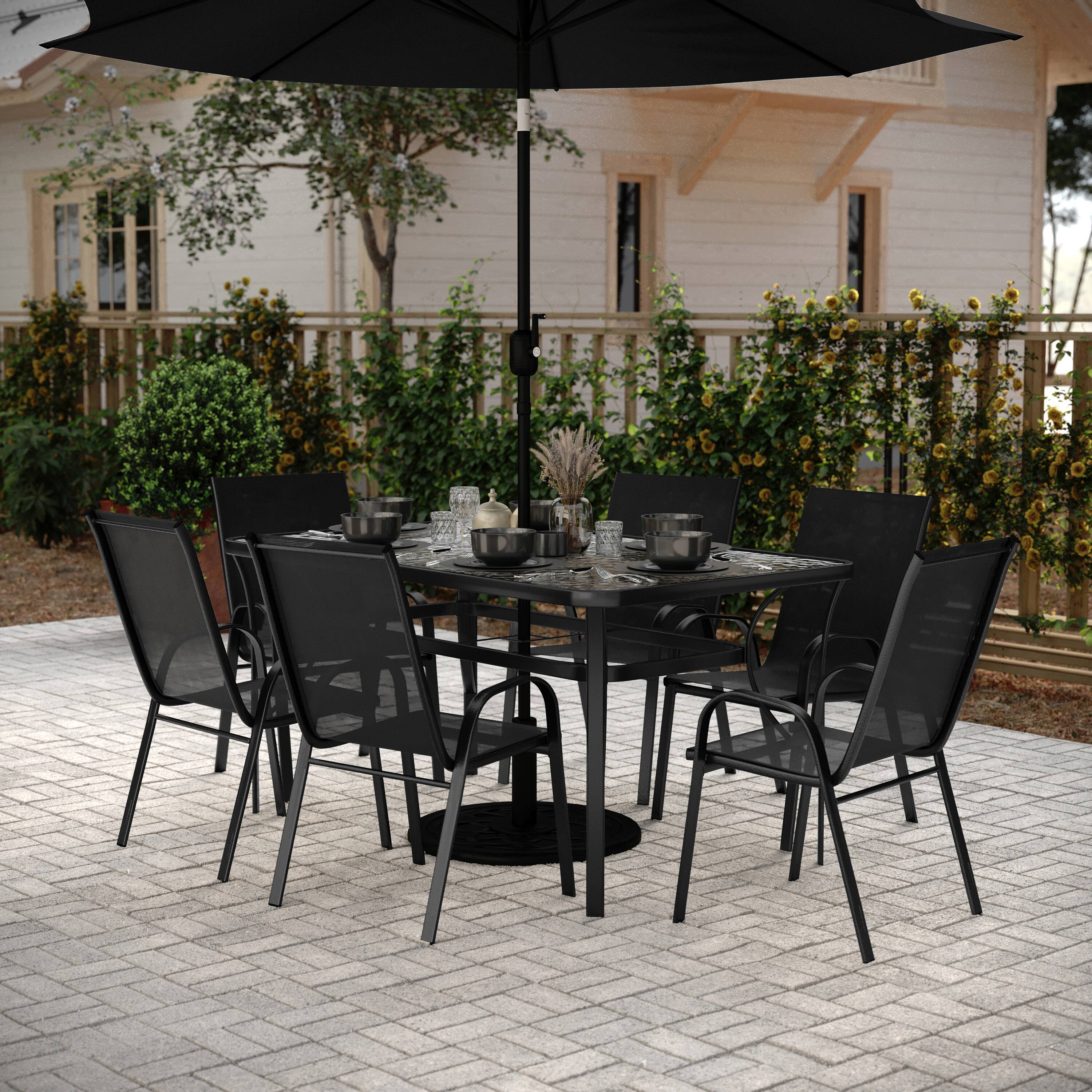 Angle. Flash Furniture - Brazos 7 Piece Commercial Grade Patio Dining Set with Tempered Glass Patio Table and 6 Chairs with Black Flex Comfort Ma - Black.