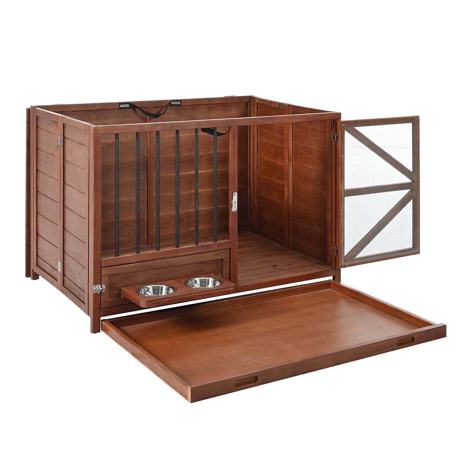 Angle. Pefilos - 43" Wood Foldable Dog Crate with 360° Rotating Feeder, Removable Tray, Multi-Functional Kennel for Medium to Small Dogs.