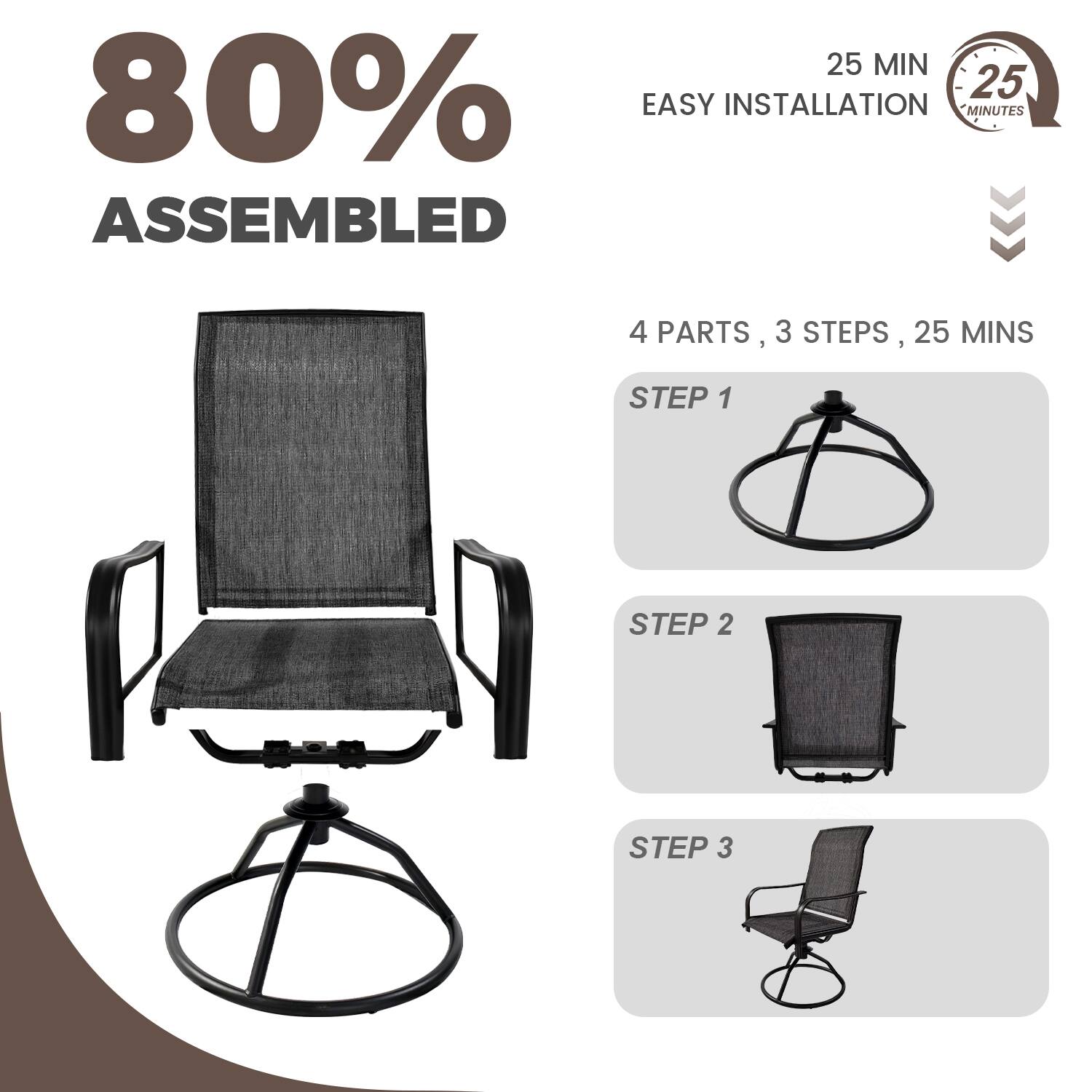 80% ASSEMBLED

25 MIN EASY INSTALLATION

4 PARTS, 3 STEPS, 25 MINS

STEP 1

STEP 2

STEP 3