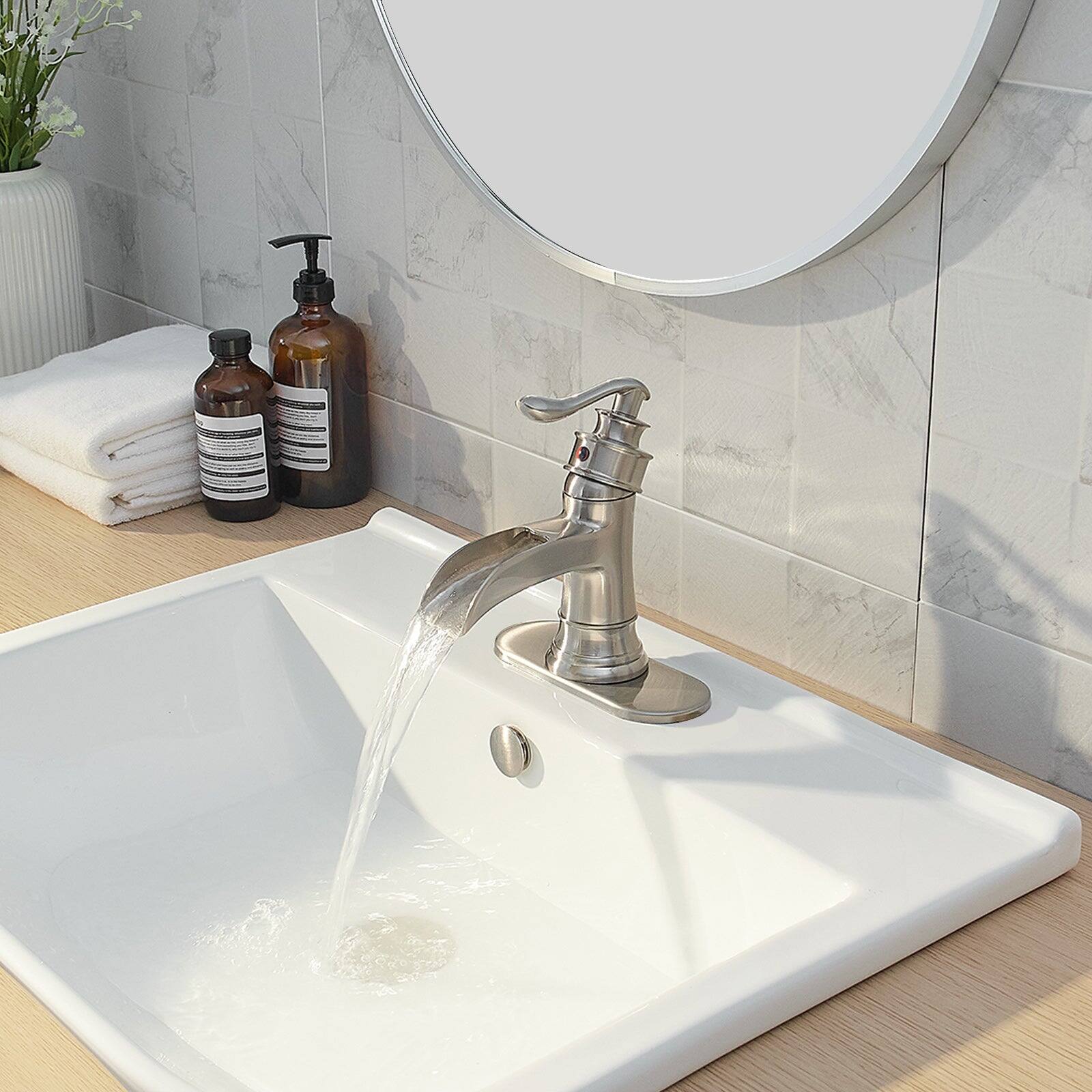 Alt View 5. Boyel Living - Waterfall Single Hole Single-Handle Low-Arc Bathroom Faucet with Pop-up Drain Assembly in Brushed Nickel - Brushed Nickel.