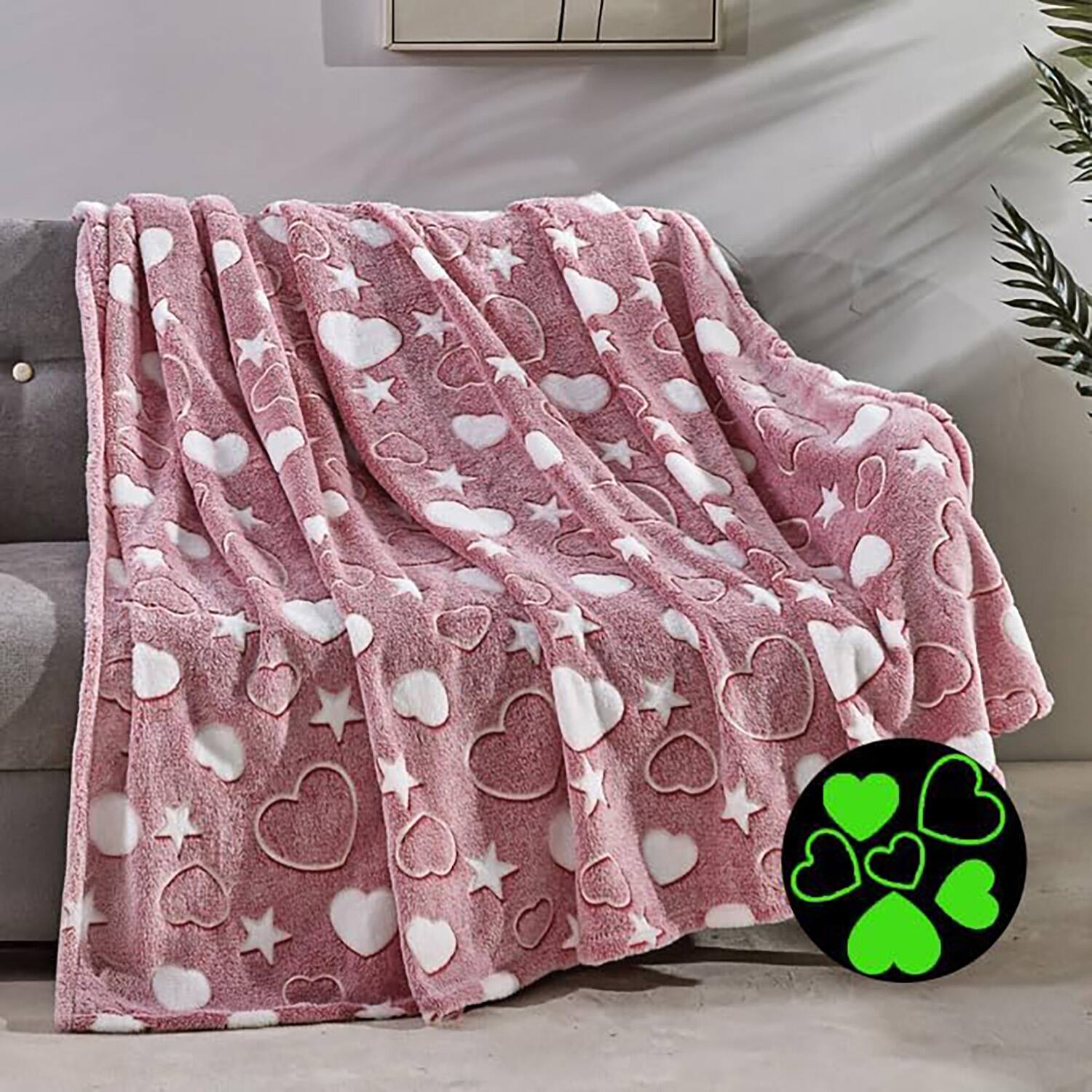 Alt View 4. Noble House - Plazatex Pink Hearts Soft & Cozy Glow in the Dark Throw Blanket Ideal for Bedroom & Living Room Decor 50"x60" Pink - Pink.