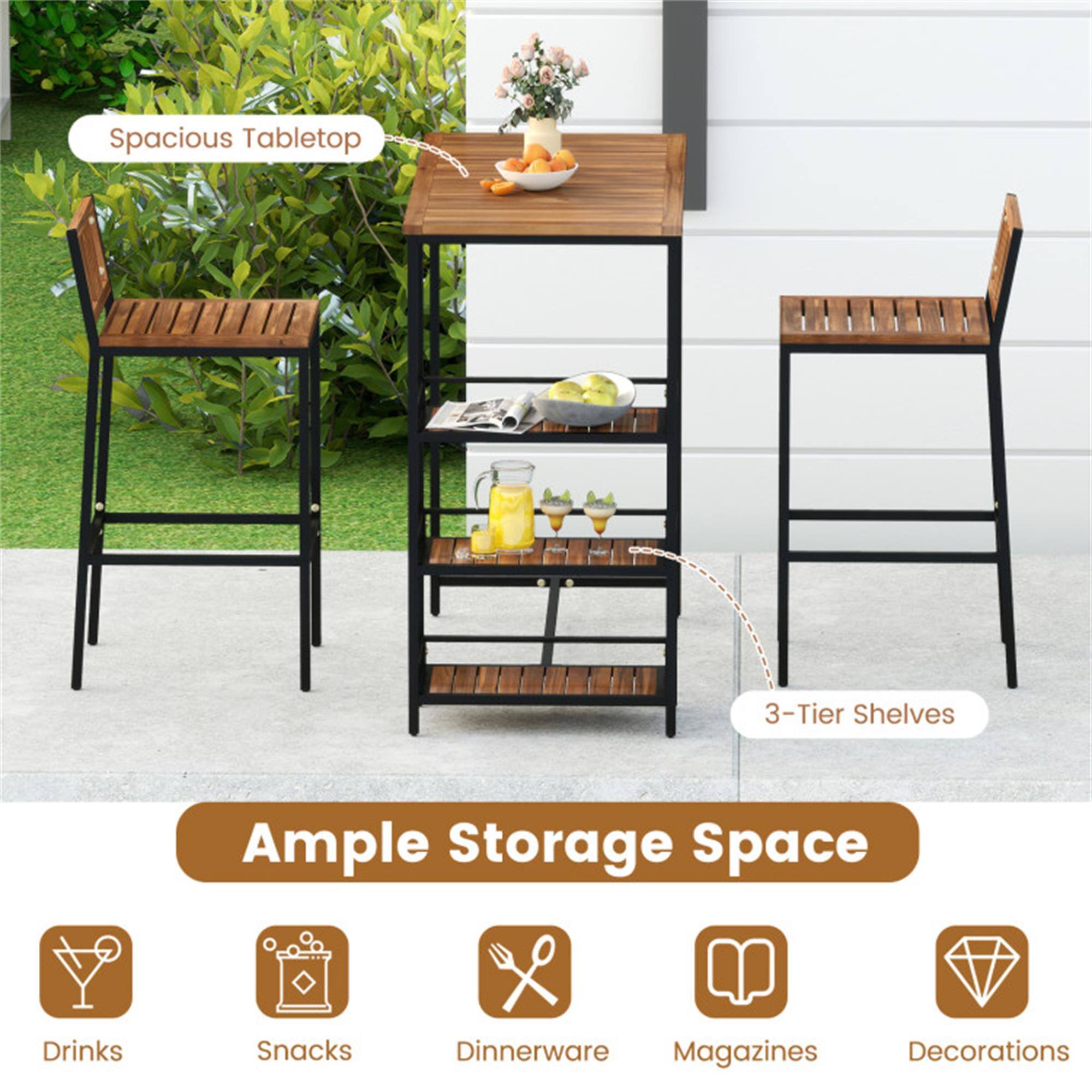 Spacious Tabletop  
3-Tier Shelves  
Ample Storage Space  
Drinks  
Snacks  
Dinnerware  
Magazines  
Decorations