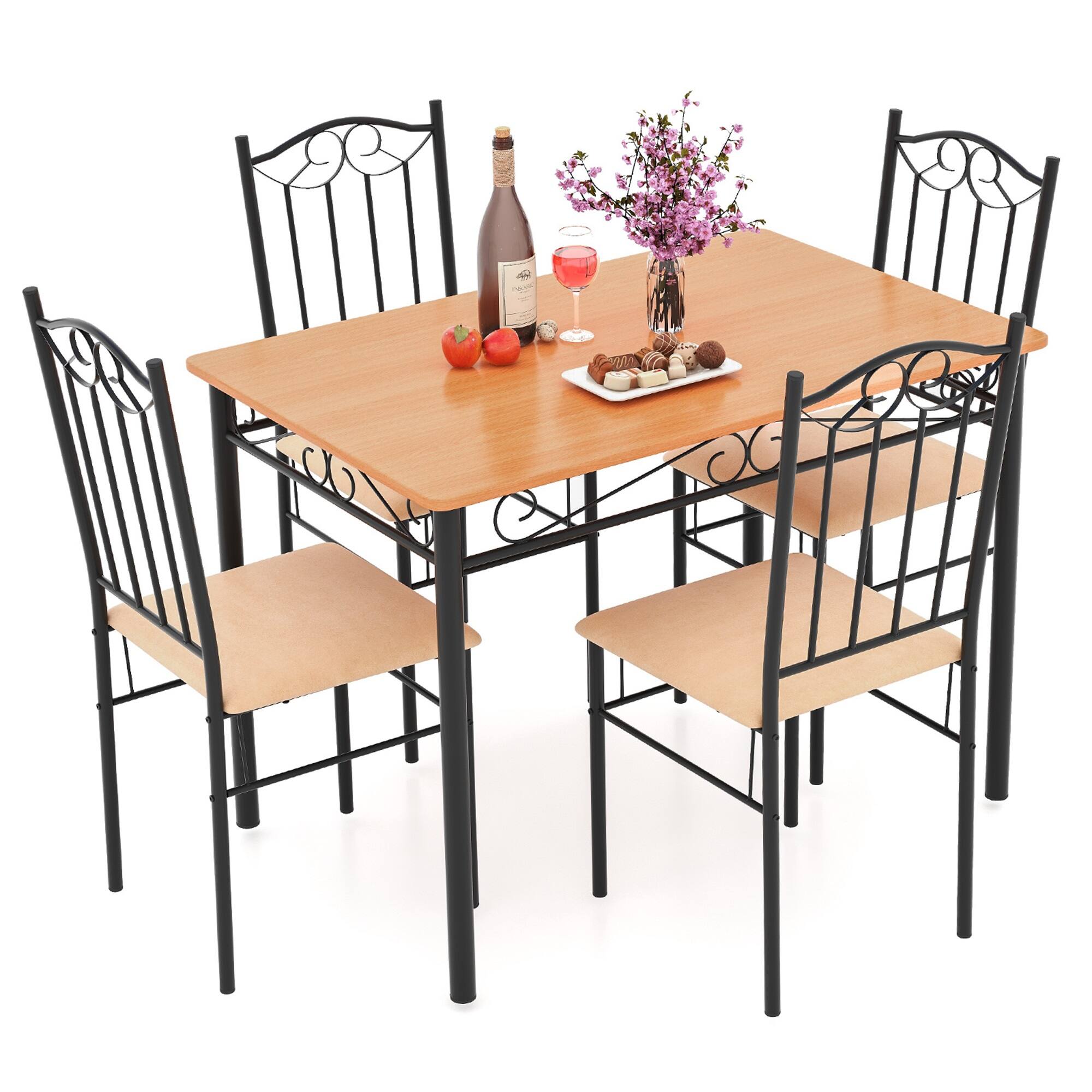 Alt View 1. Costway - 5 PCS Dining Set Wood Metal 30" Table & 4 Chairs Upholstered Kitchen Breakfast Furniture - Brown, Black and Natural.