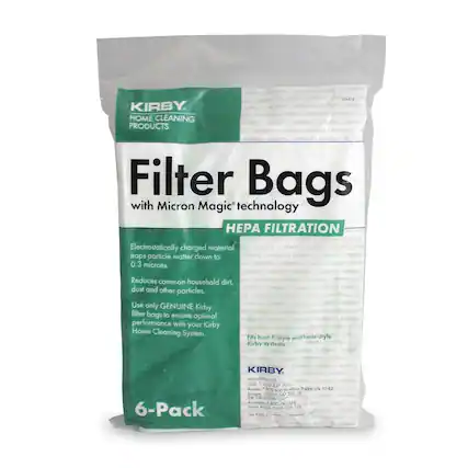 KIRBY HOME CLEANING PRODUCTS
Filter Bags with Micron Magic technology
HEPA FILTRATION
Electrostatically charged material traps particle matter down to 0.3 microns.
Reduces common household dirt, dust and other particles.
Use only GENUINE Kirby filter bags to ensure optimal performance with your Kirby Home Cleaning System.
Fits both F-style and twist-style Kirby systems
6-Pack
KIRBY
USA 1-800-437-7170
Russia 7-800-500-51-40
UK 0800-328-1524
South Africa 0800-203-222
The Kirby Co., Cleveland, OH
