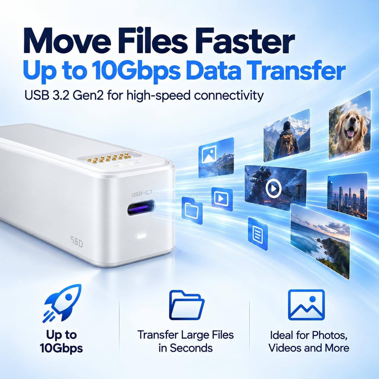 Move Files Faster  
Up to 10Gbps Data Transfer  
USB 3.2 Gen2 for high-speed connectivity  

USB-C3  
SSD  
Up to 10Gbps  
Transfer Large Files in Seconds  
Ideal for Photos, Videos and More