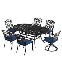 Mondawe - 6 Person Elliptical Outdoor Dining Set with Cushions - Black+Blue