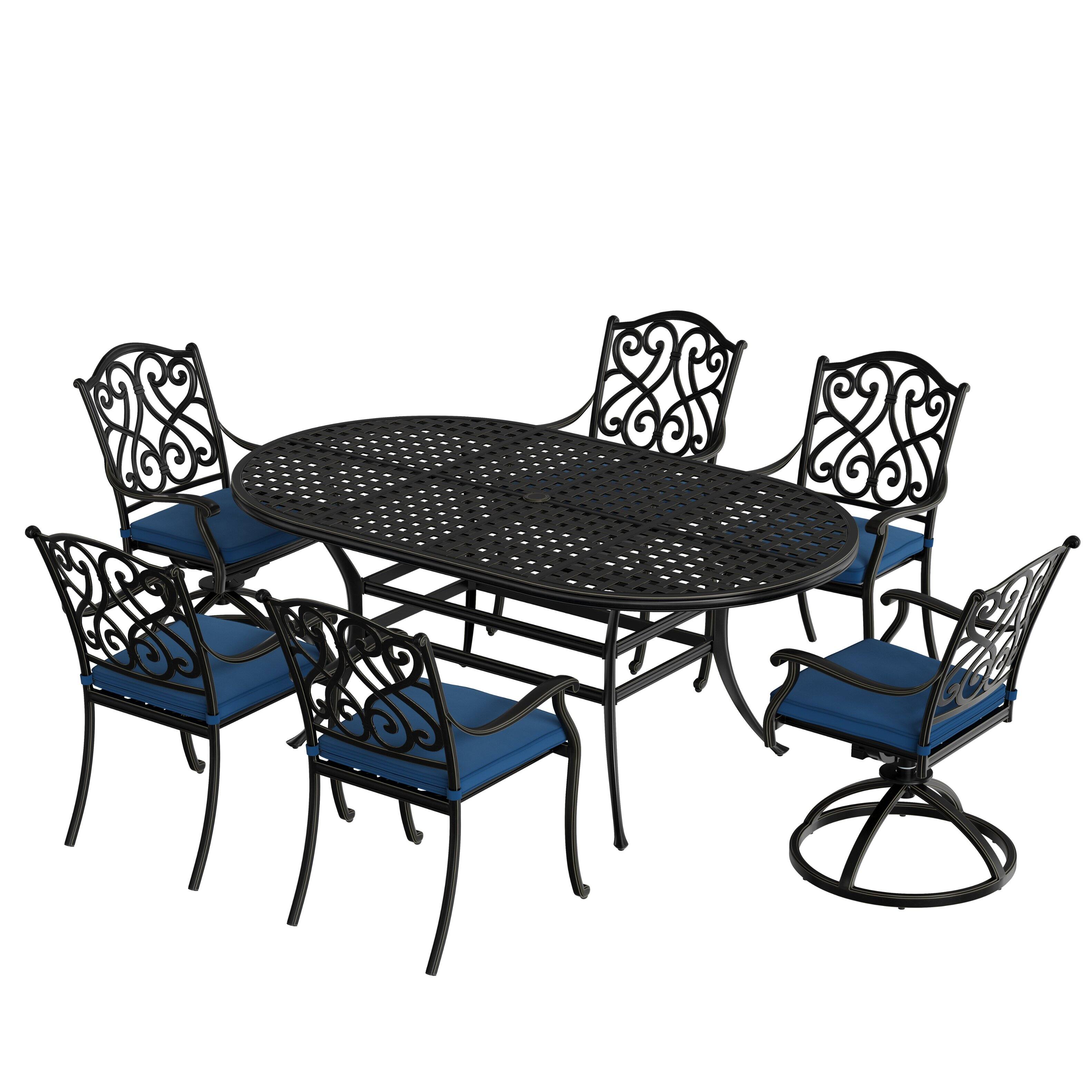 Front. Mondawe - 6 Person Elliptical Outdoor Dining Set with Cushions - Black+Blue.