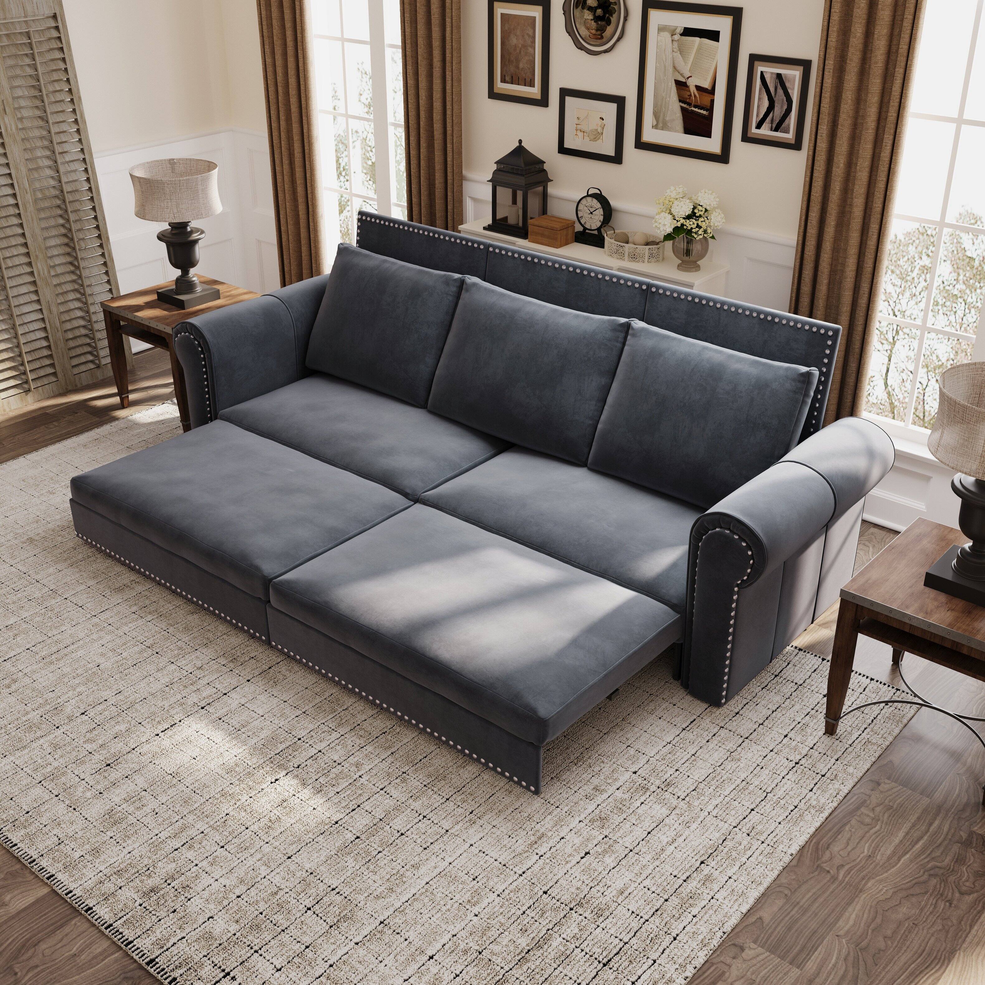 Angle. Anysun - 93.7" 3-in-1 Velvet Convertible Sofa Bed - King Pull-Out Sleeper, Nailhead Trim & Rolled Arms for Living Room & Bedroom - Gray.