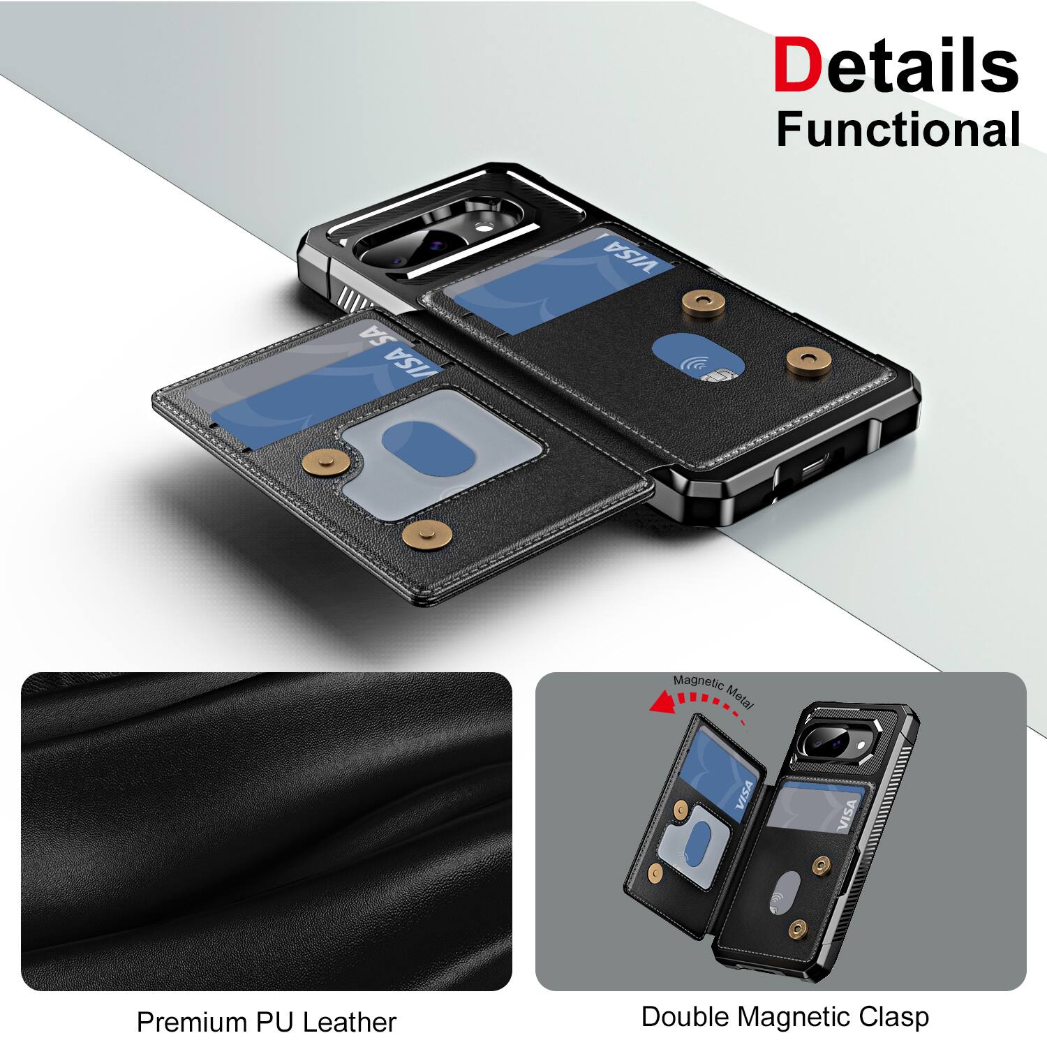 Details  
Functional  

Premium PU Leather  

Double Magnetic Clasp  

Magnetic Metal