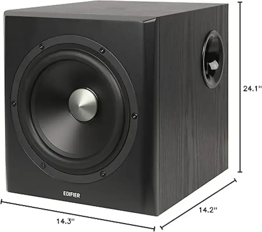 The text on the image reads: "24.1" EDIFIER 14.3" 14.2"". This text is grouped and corrected as follows:

"24.1" EDIFIER 14.3" 14.2"

This text describes the dimensions of the speaker, which is 24.1 inches in height, 14.3 inches in width, and 14.2 inches in depth.