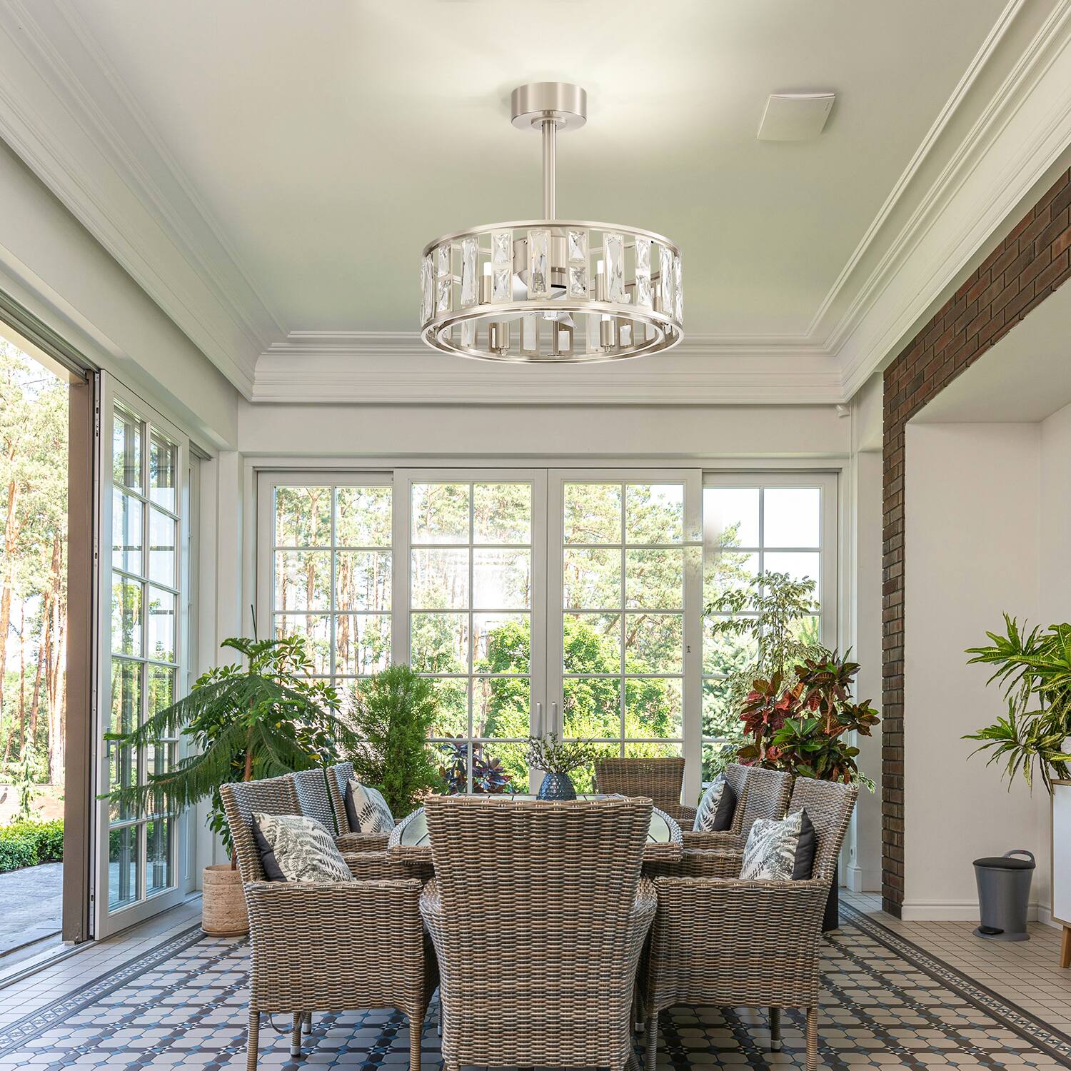 Alt View 4. Breezary - 20-inch Caged Ceiling Fan with Light, DC Motor, 5-Blade, 6-Speed Remote, 6-Bulb Fixture, Timer, Downrod Mount - Sand Nickel & silver.