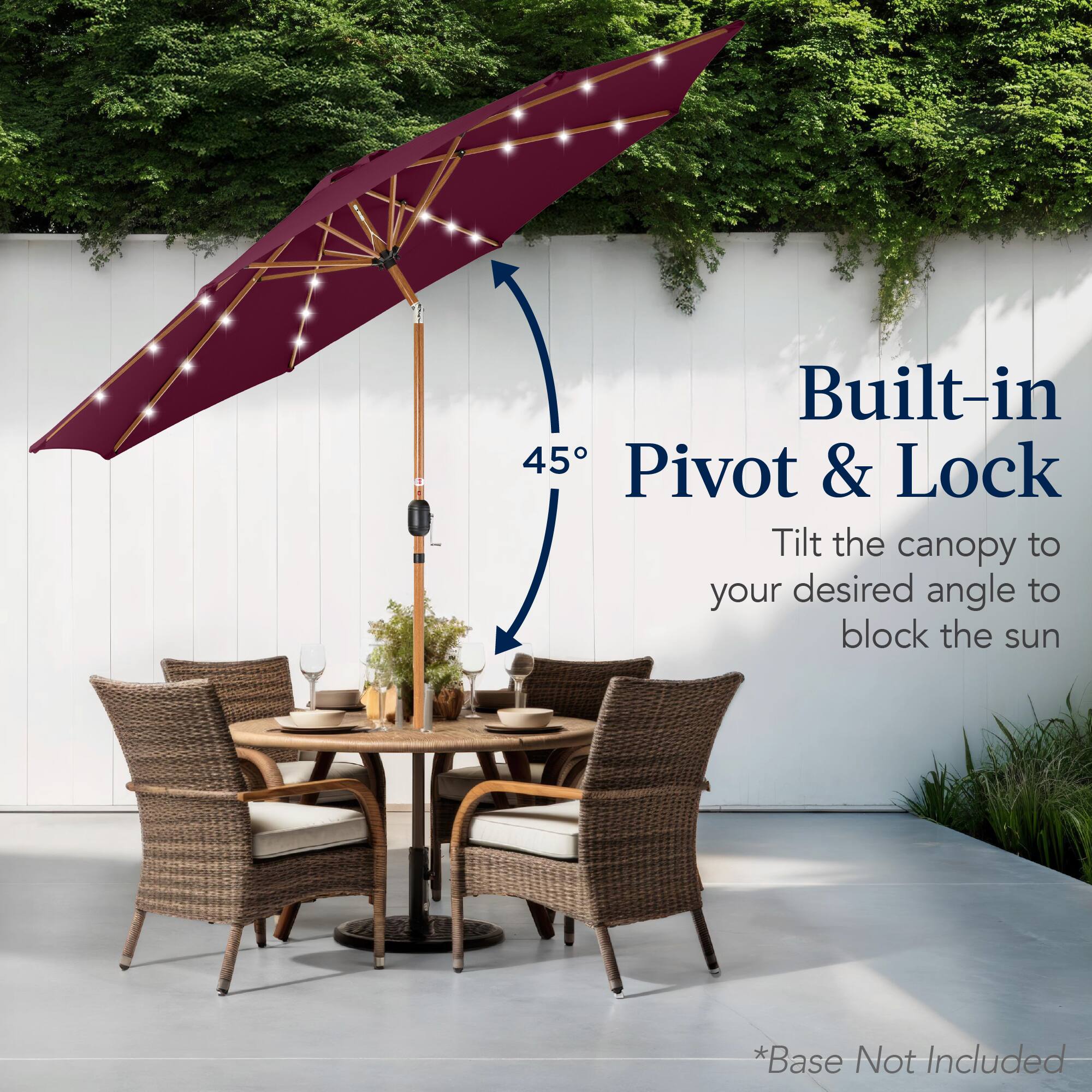 Built-in 45° Pivot & Lock: Tilt the canopy to your desired angle to block the sun. *Base Not Included