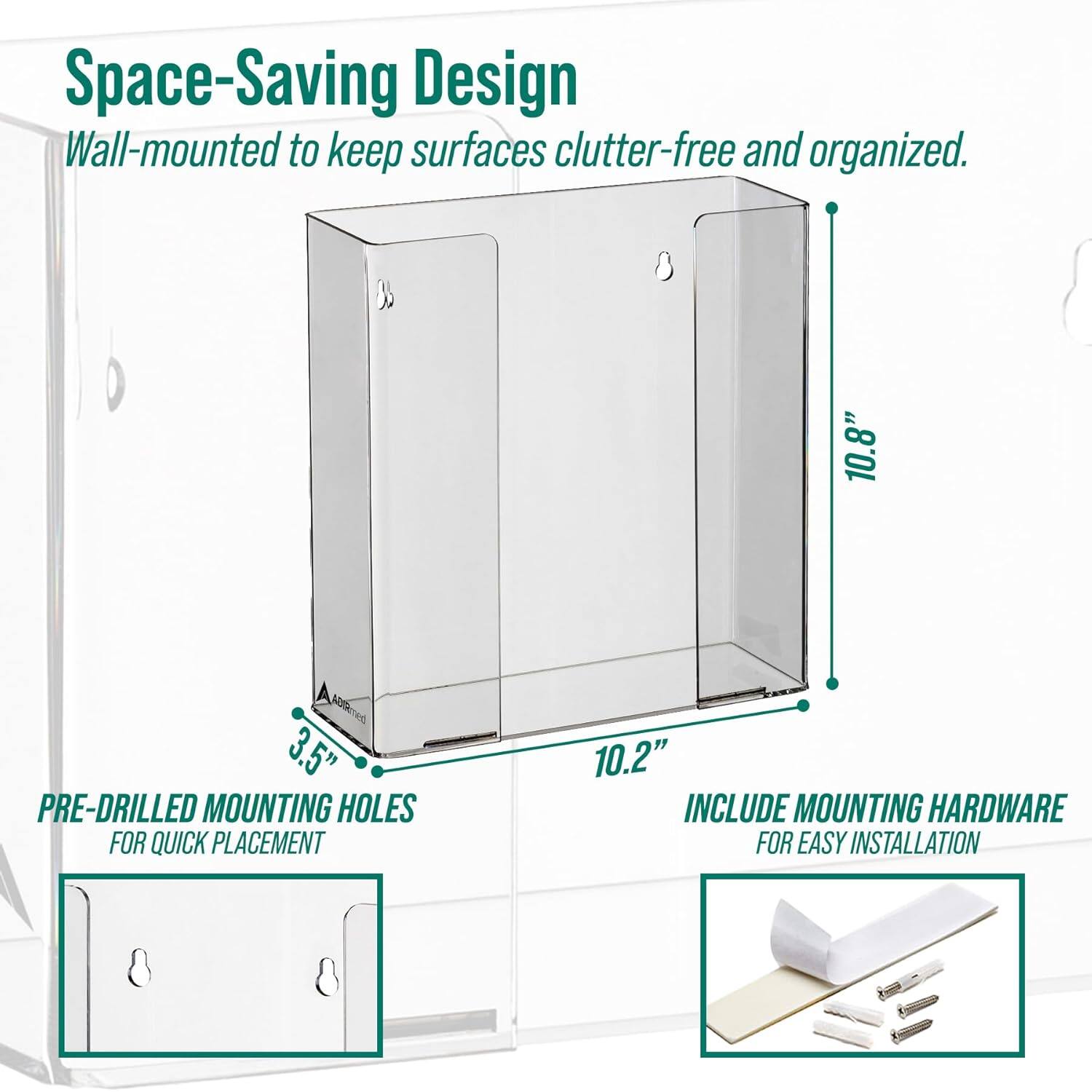 Space-Saving Design Wall-mounted to keep surfaces clutter-free and organized. 10.8" 3.5" PRE-DRILLED MOUNTING HOLES FOR QUICK PLACEMENT 10.2" INCLUDE MOUNTING HARDWARE FOR EASY INSTALLATION